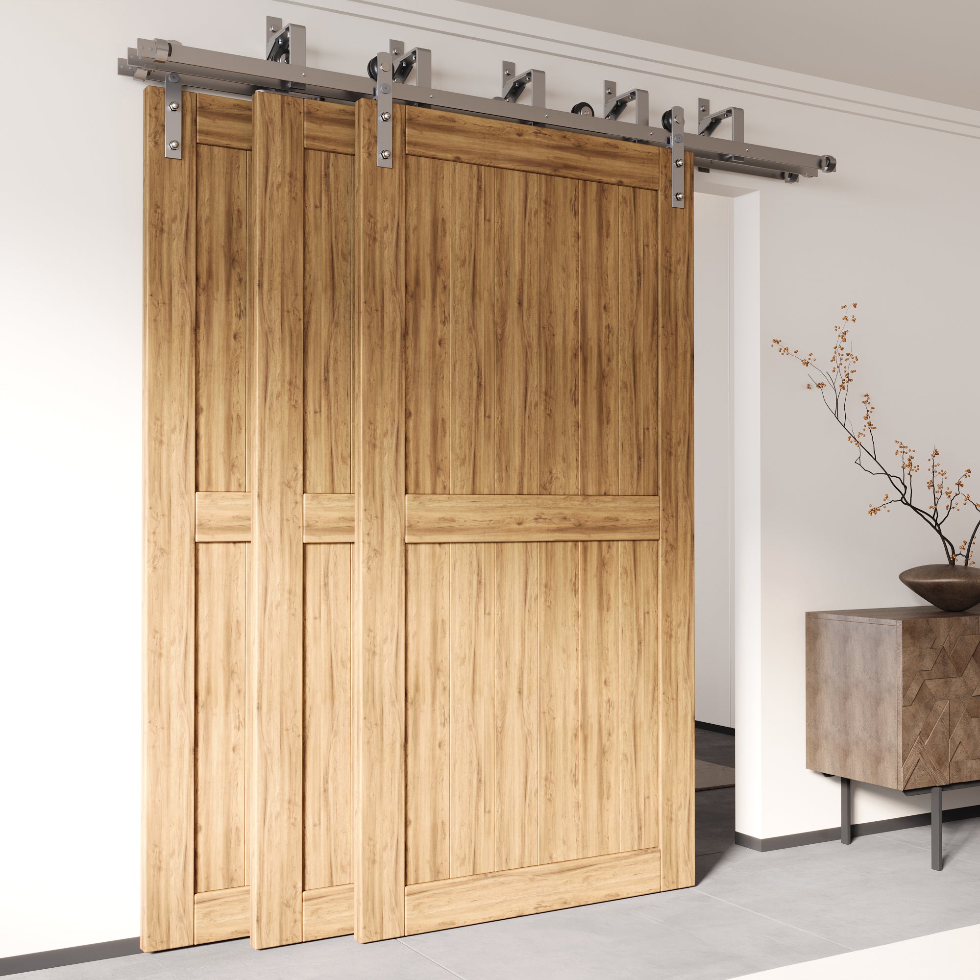 Brushed Nickel Triple Track Bypass Sliding Barn Door Hardware Kit - Straight Design (for Door Thickness 1-3/8in ~ 1-3/4in)