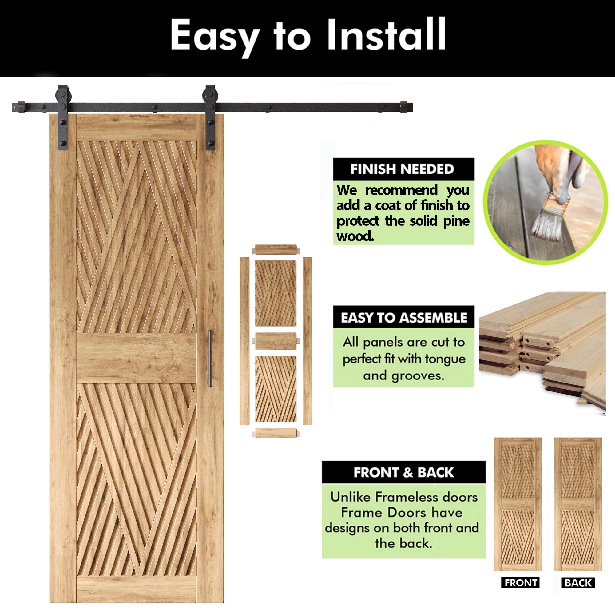 84" Height Diamond Design Unassembled & Unfinished Double Pine Wood Barn Door with Non-Bypass Installation Hardware Kit(Interior Use Only)