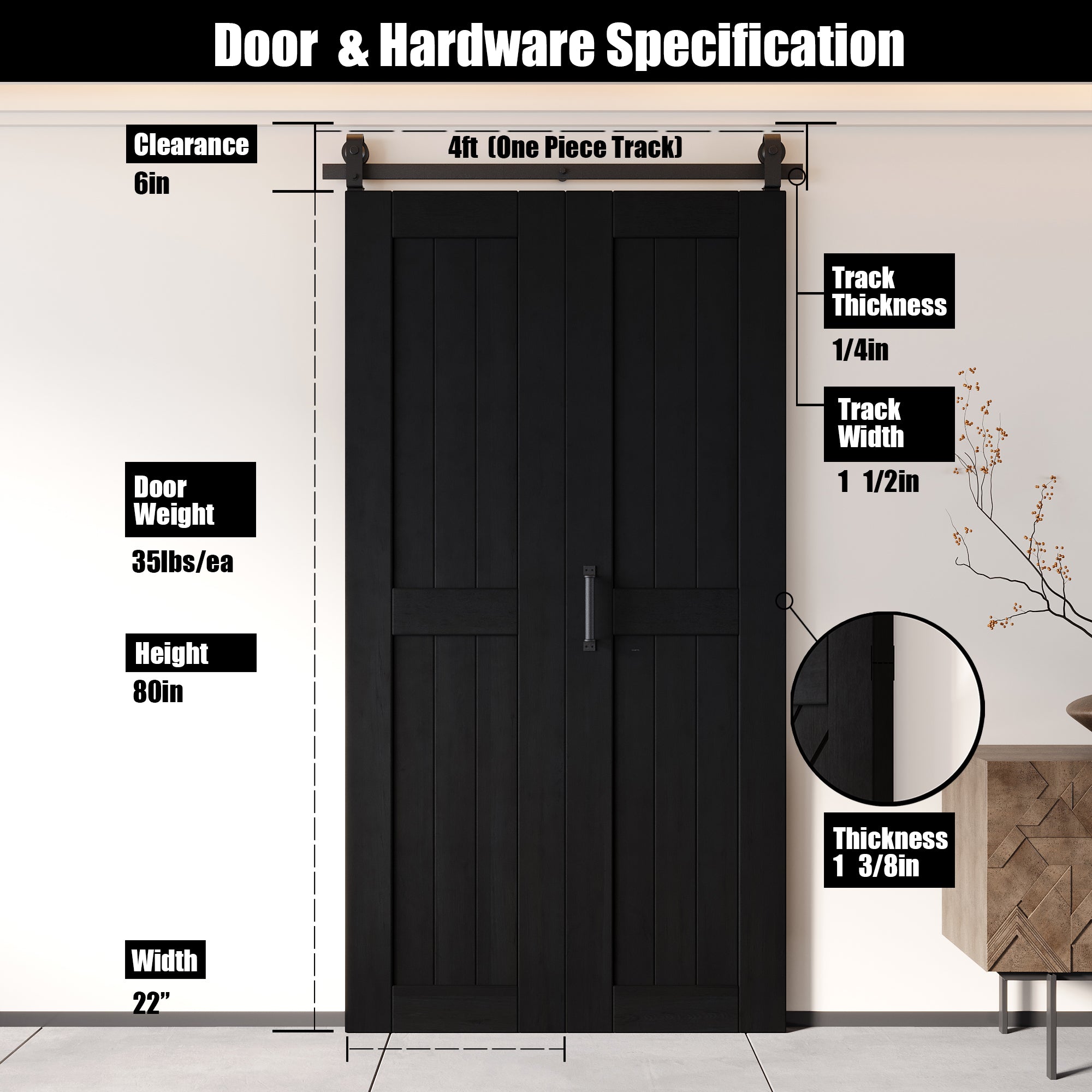 5-in-1 80in Black Finished Barn Door with Bi-Fold Top Mount Hardware Kit - T-shape Roller
