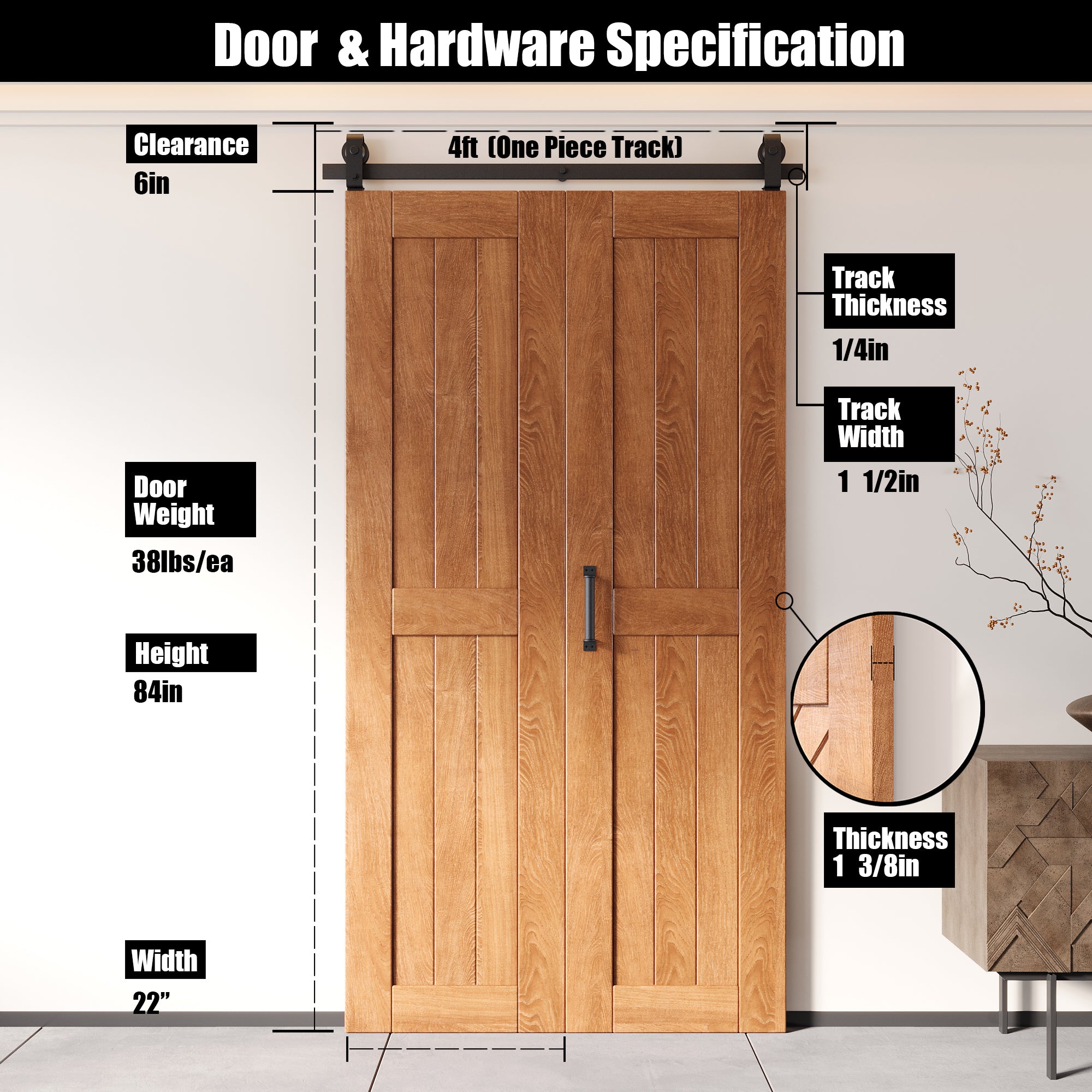 5-in-1 84in Early American Finished Barn Door with Bi-Fold Top Mount Hardware Kit - T-shape Roller