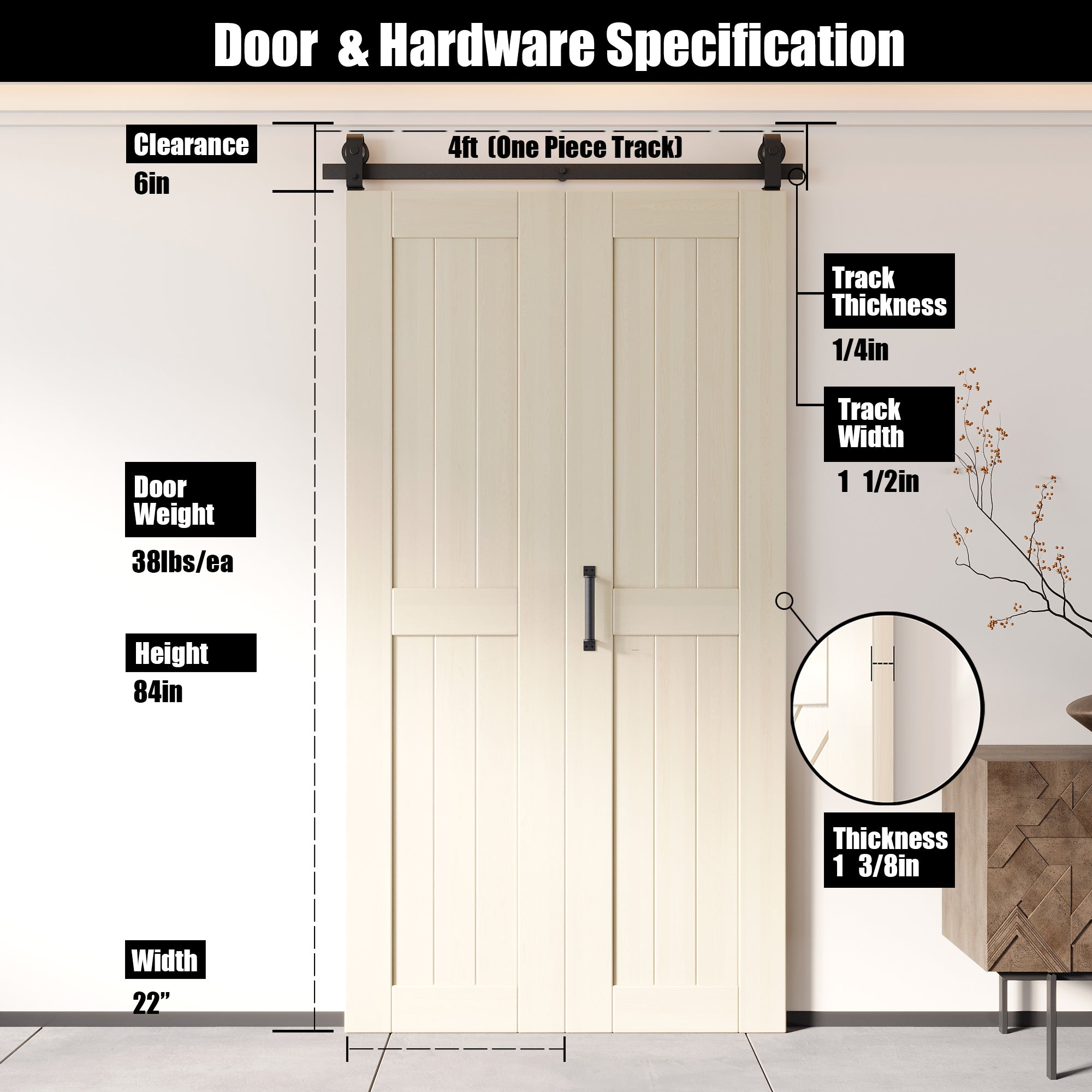 5-in-1 84in Tinsmith Gray Finished Barn Door with Bi-Fold Top Mount Hardware Kit - T-shape Roller