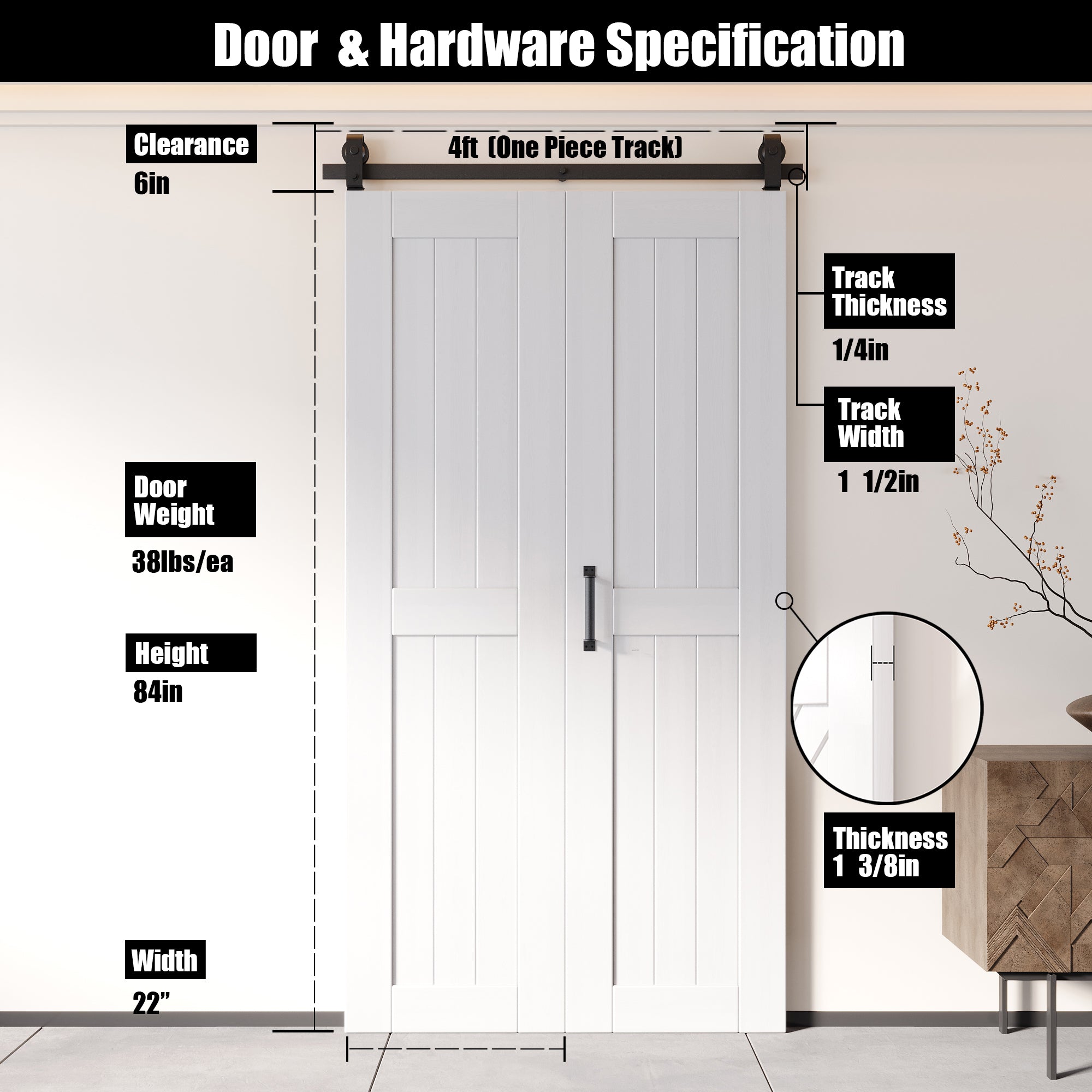 5-in-1 84in White Finished Barn Door with Bi-Fold Top Mount Hardware Kit - T-shape Roller