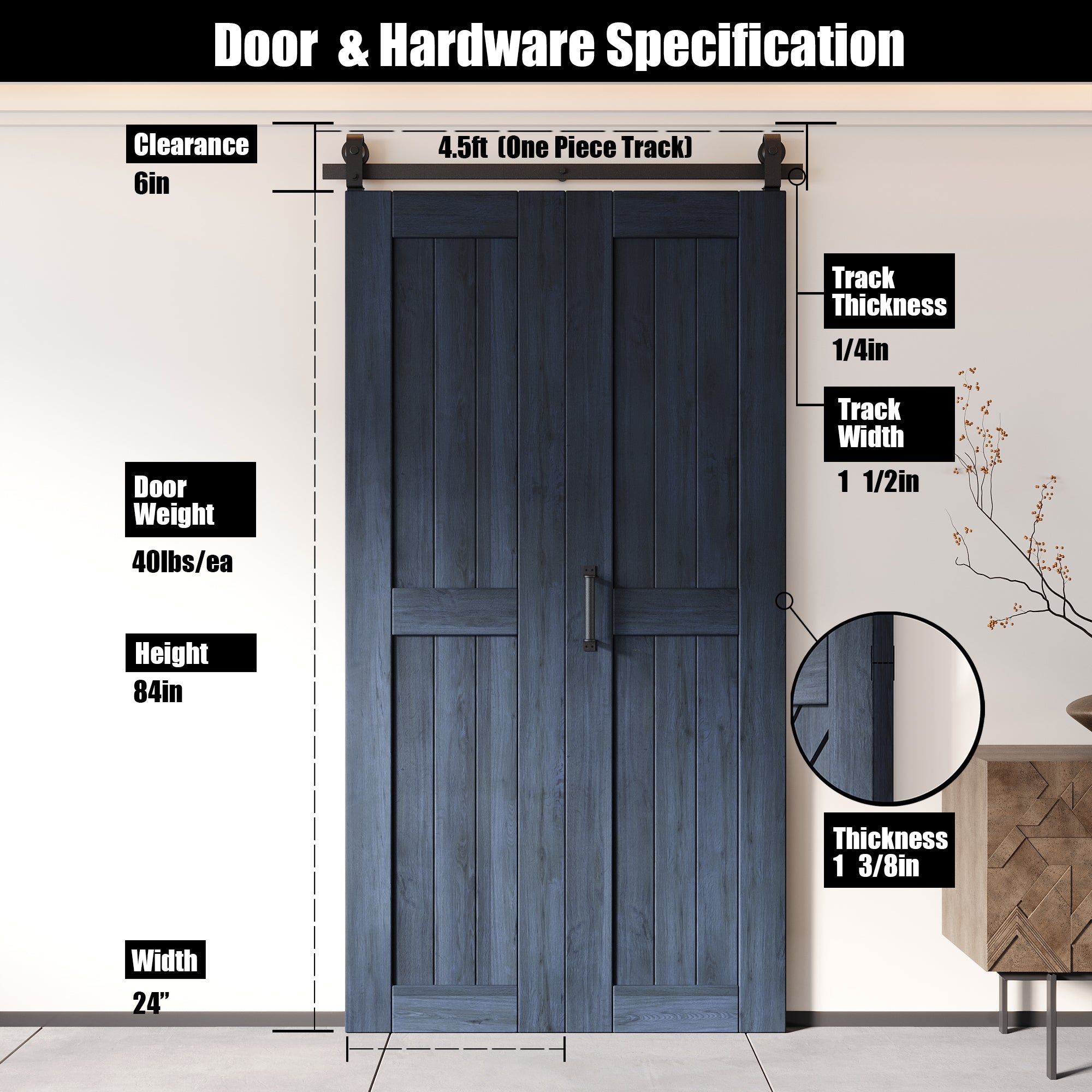 5-in-1 84in Navy Finished Barn Door with Bi-Fold Top Mount Hardware Kit - T-shape Roller