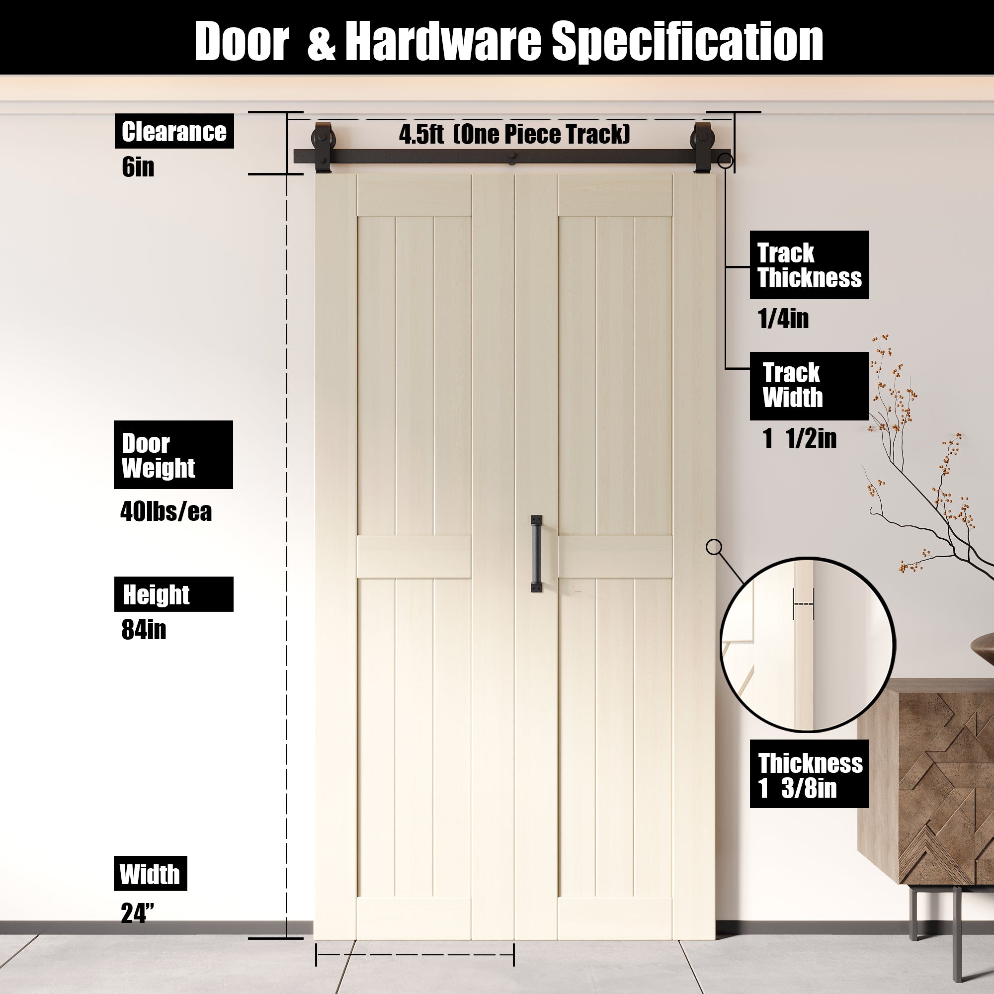 5-in-1 84in Tinsmith Gray Finished Barn Door with Bi-Fold Top Mount Hardware Kit - T-shape Roller