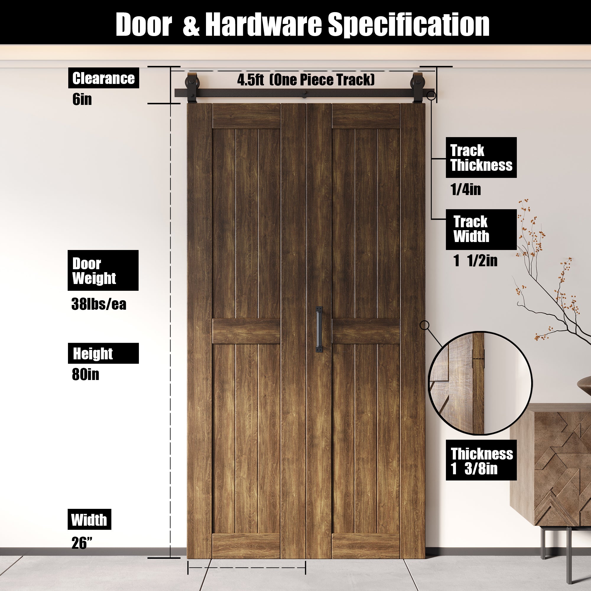 5-in-1 80in Dark Walnut Finished Barn Door with Bi-Fold Top Mount Hardware Kit - T-shape Roller