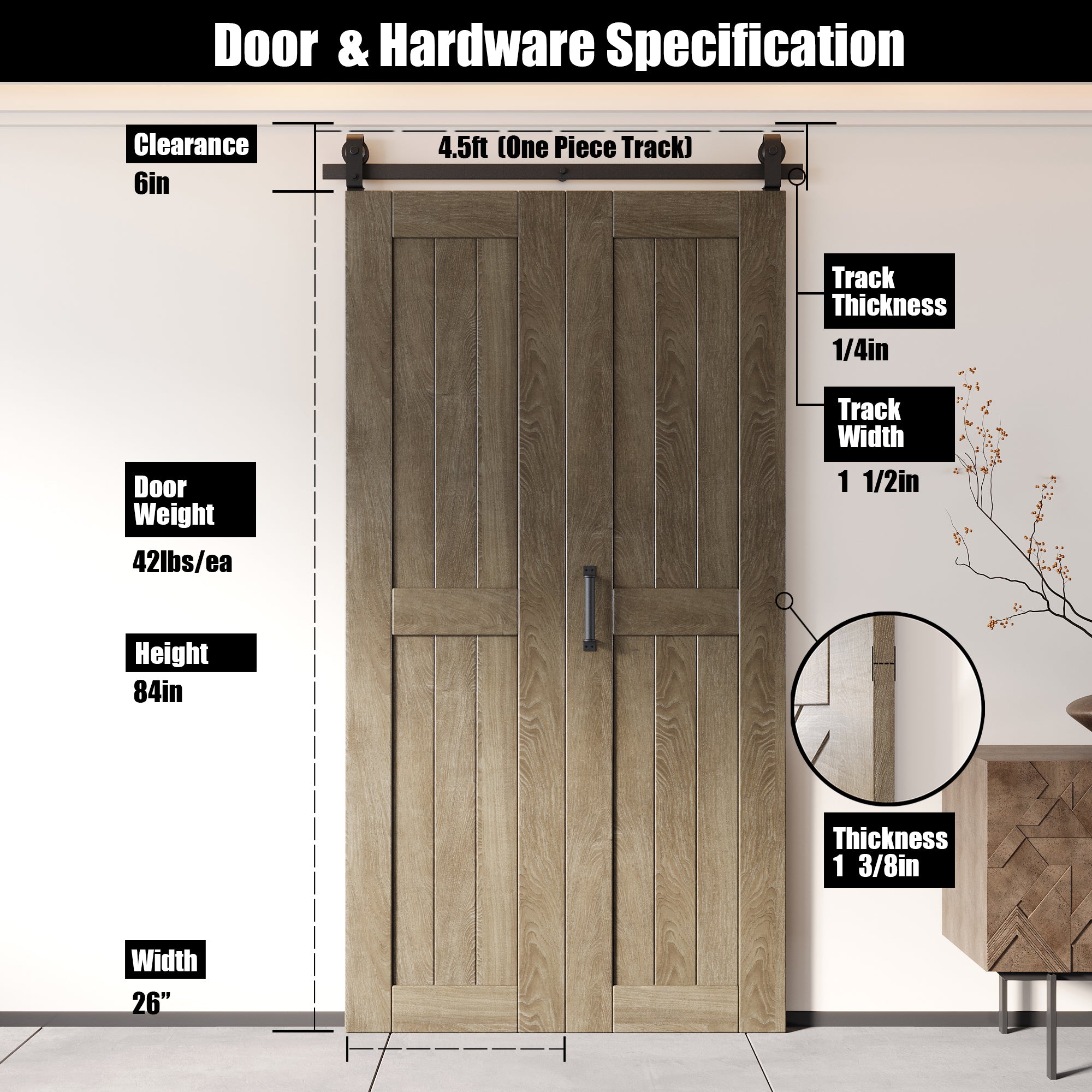5-in-1 84in Classic Gray Finished Barn Door with Bi-Fold Top Mount Hardware Kit - T-shape Roller