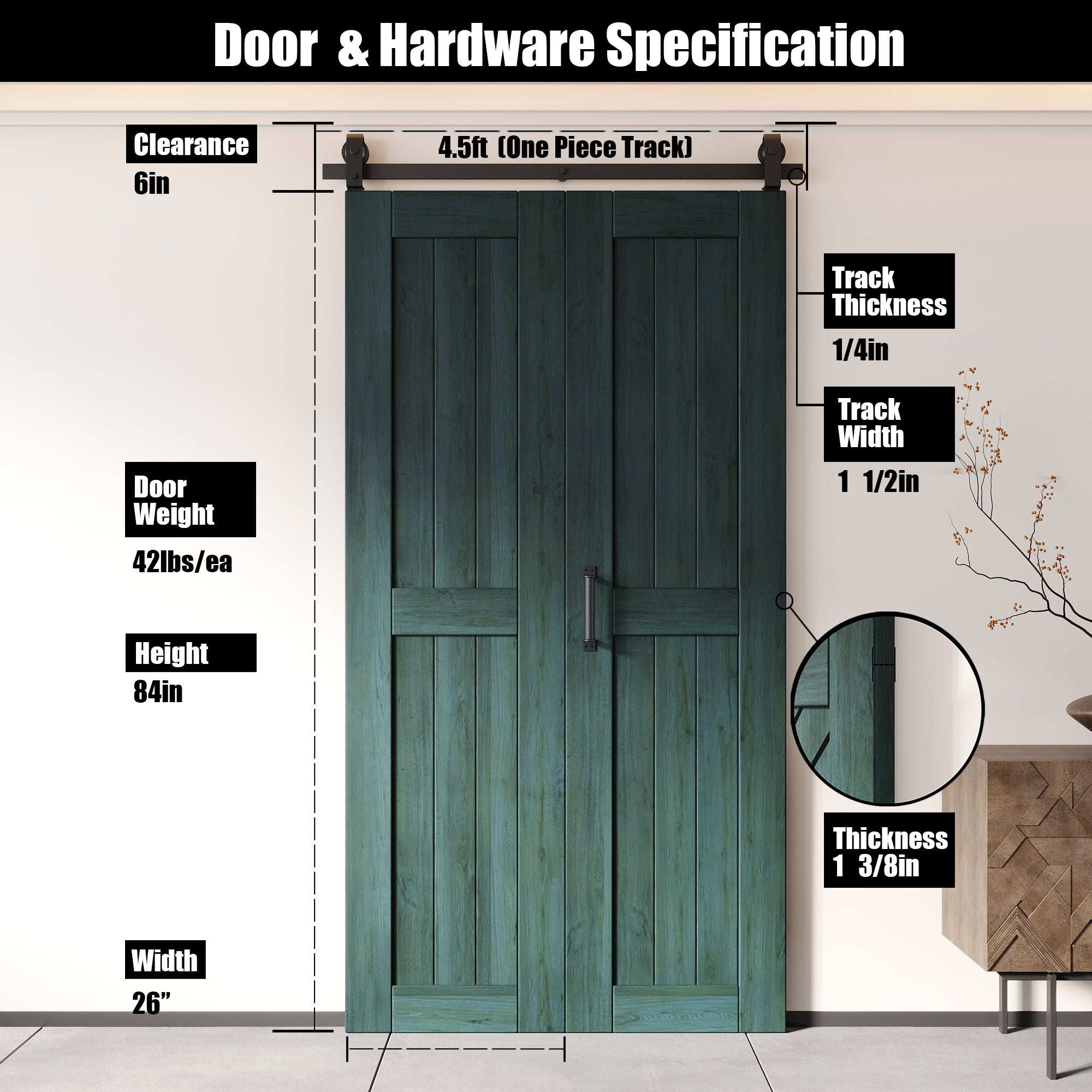 5-in-1 84in Royal Pine Finished Barn Door with Bi-Fold Top Mount Hardware Kit - T-shape Roller