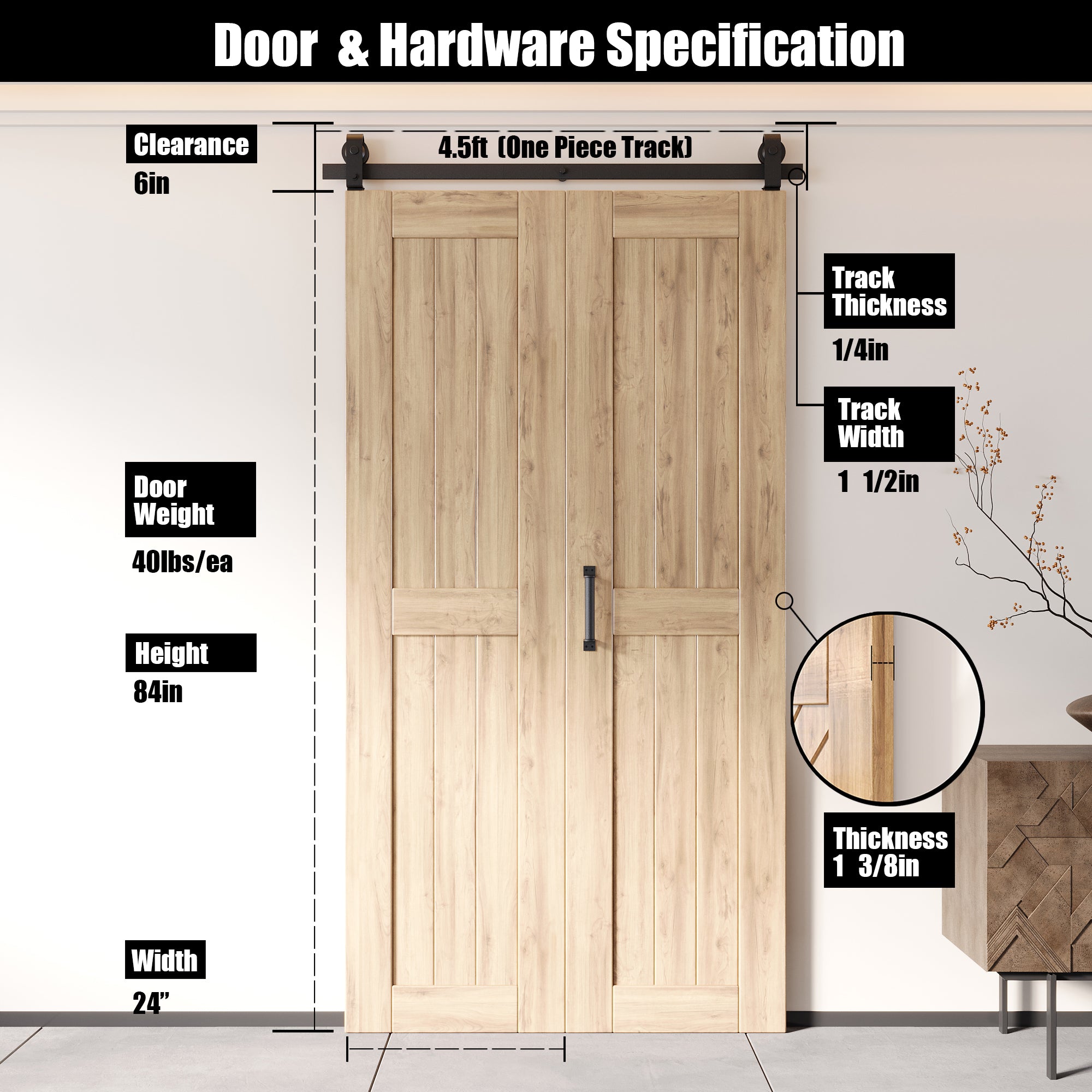 5-in-1 84in Unassembled & Unfinished Barn Door with Bi-Fold Top Mount Hardware Kit - T-shape Roller