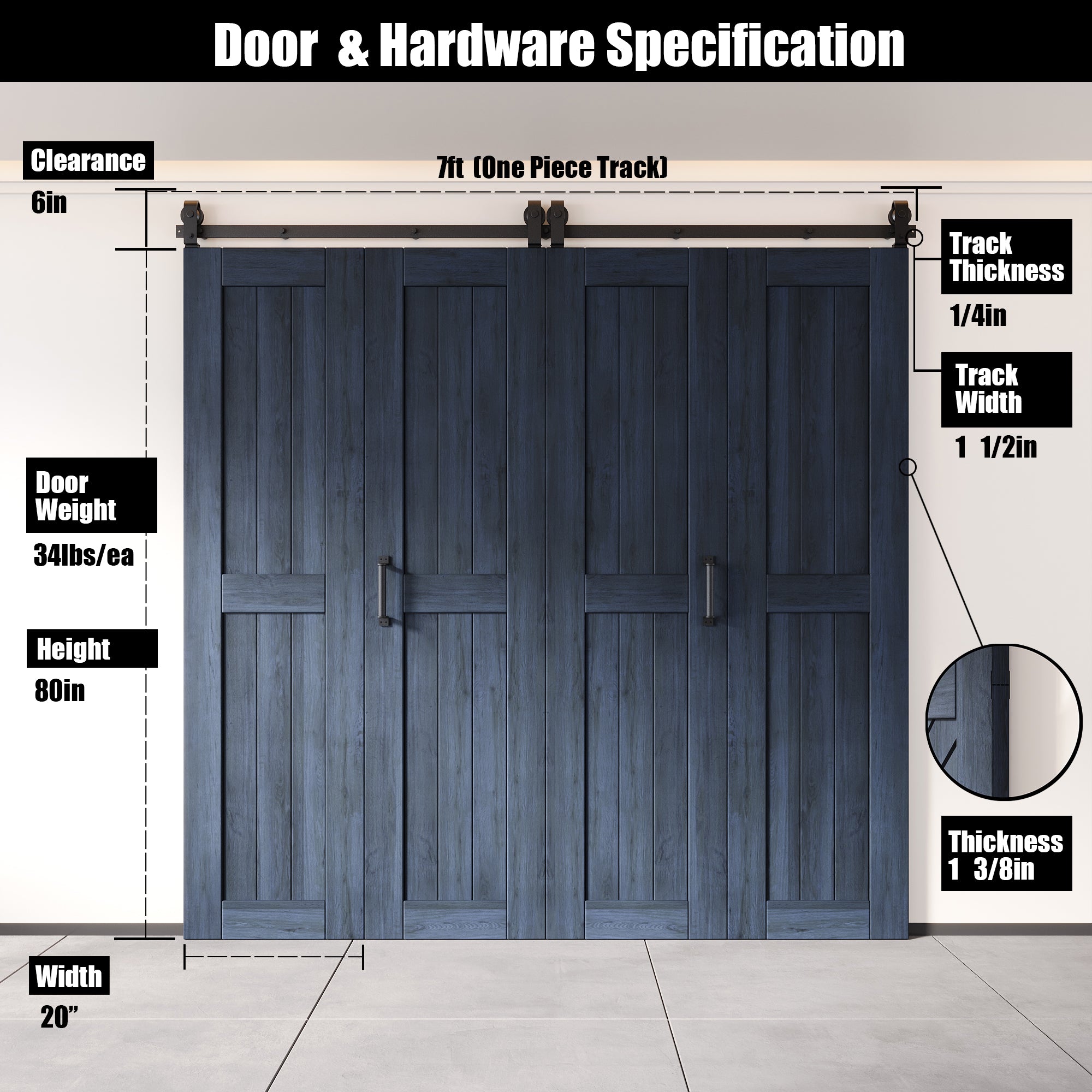 5-in-1 80in Navy Finished Barn Door with Bi-Fold Top Mount Hardware 4 Door Kit - T-shape Roller