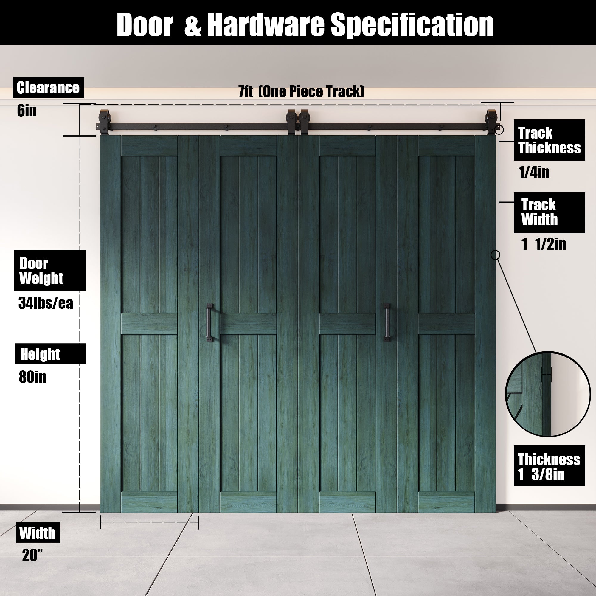 5-in-1 80in Royal Pine Finished Barn Door with Bi-Fold Top Mount Hardware 4 Door Kit - T-shape Roller