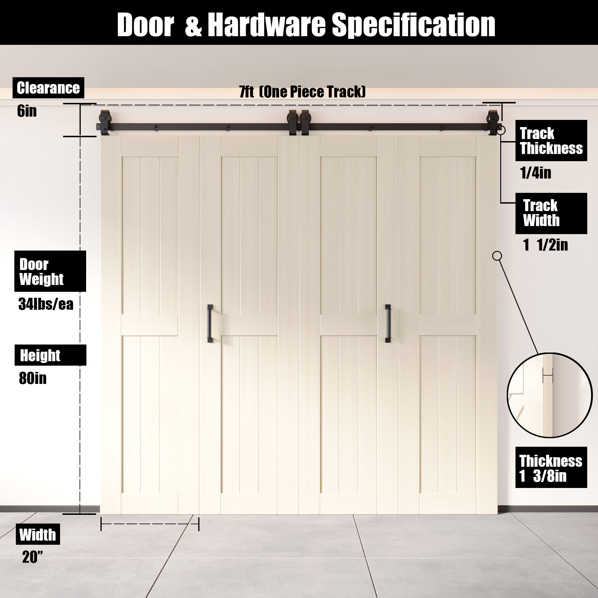 5-in-1 80in Tinsmith Gray Finished Barn Door with Bi-Fold Top Mount Hardware 4 Door Kit - T-shape Roller