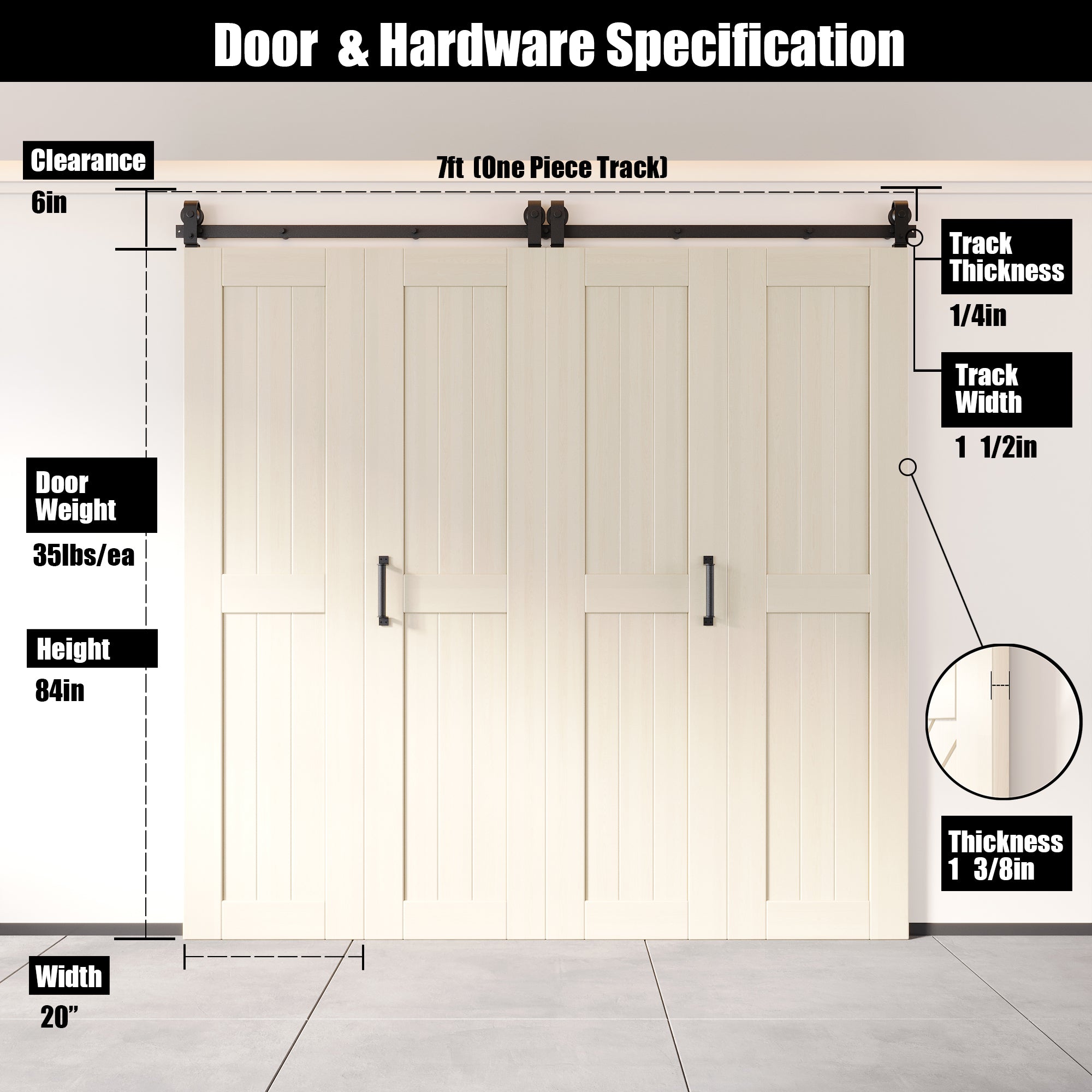 5-in-1 84in Tinsmith Gray Finished Barn Door with Bi-Fold Top Mount Hardware 4 Door Kit - T-shape Roller
