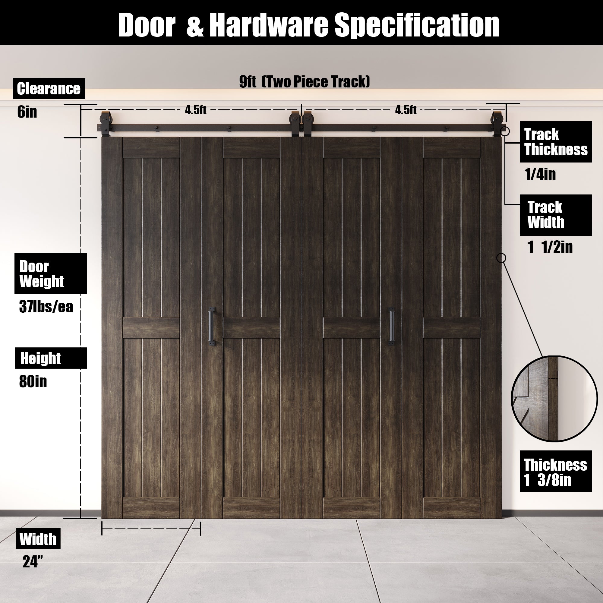 5-in-1 80in Ebony Finished Barn Door with Bi-Fold Top Mount Hardware 4 Door Kit - T-shape Roller