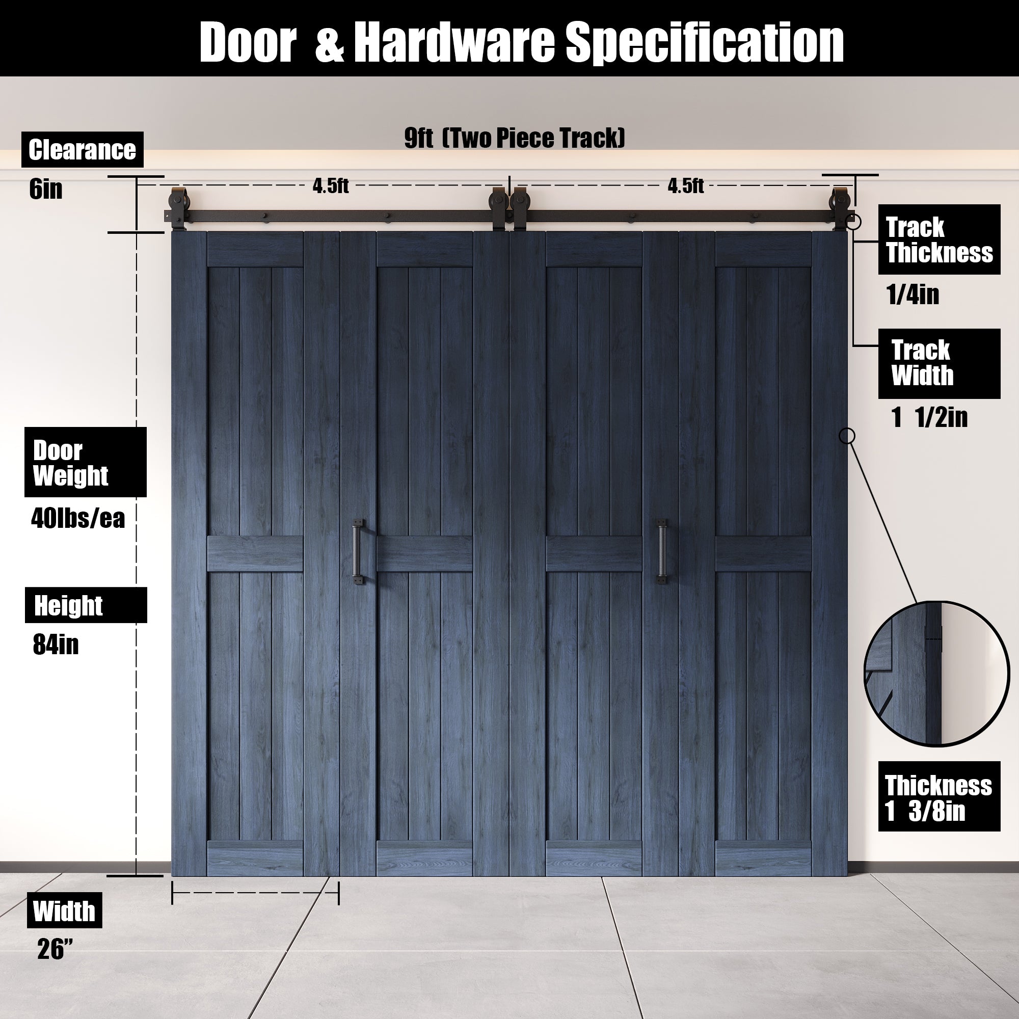 5-in-1 84in Navy Finished Barn Door with Bi-Fold Top Mount Hardware 4 Door Kit - T-shape Roller