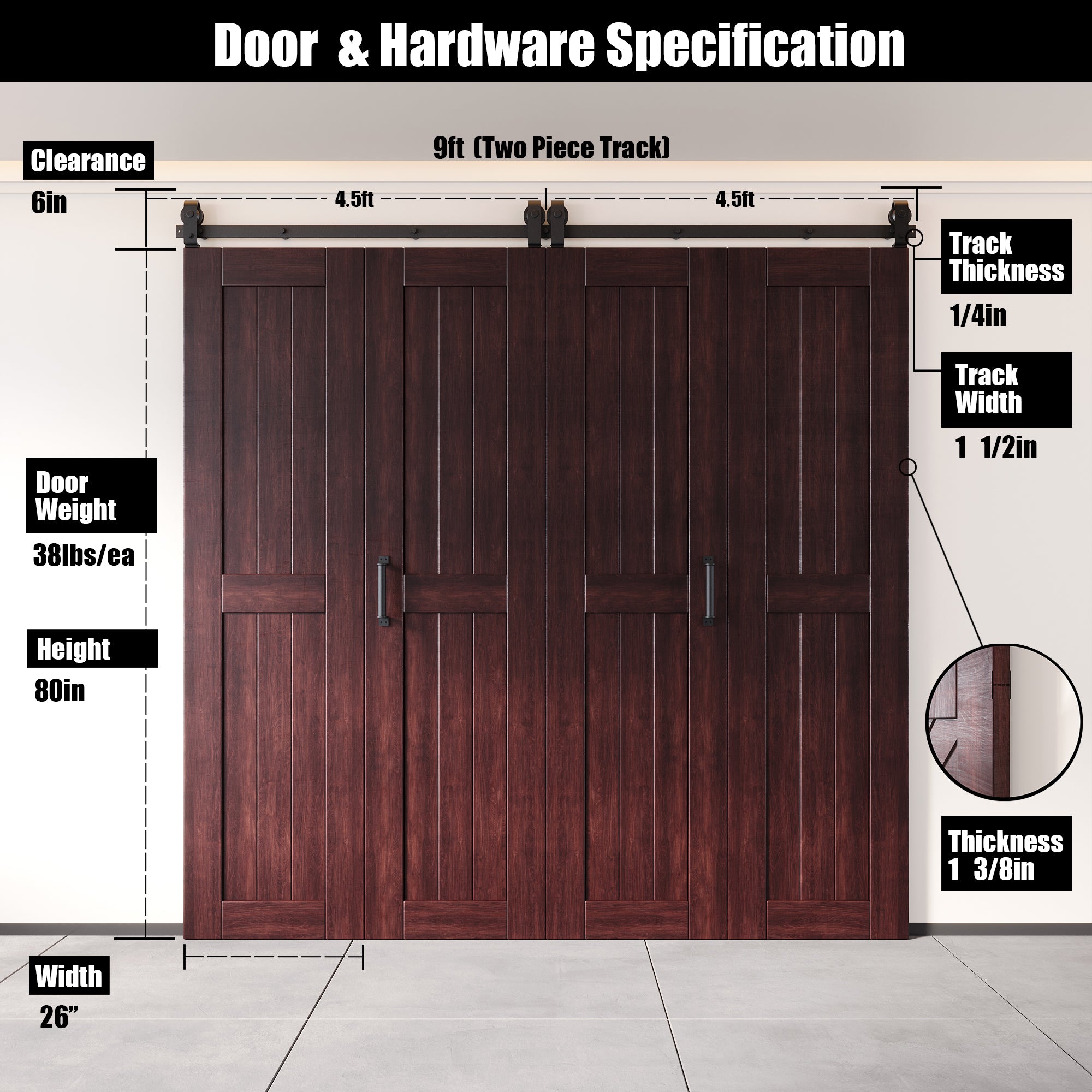 5-in-1 80in Red Mahogany Finished Barn Door with Bi-Fold Top Mount Hardware 4 Door Kit - T-shape Roller