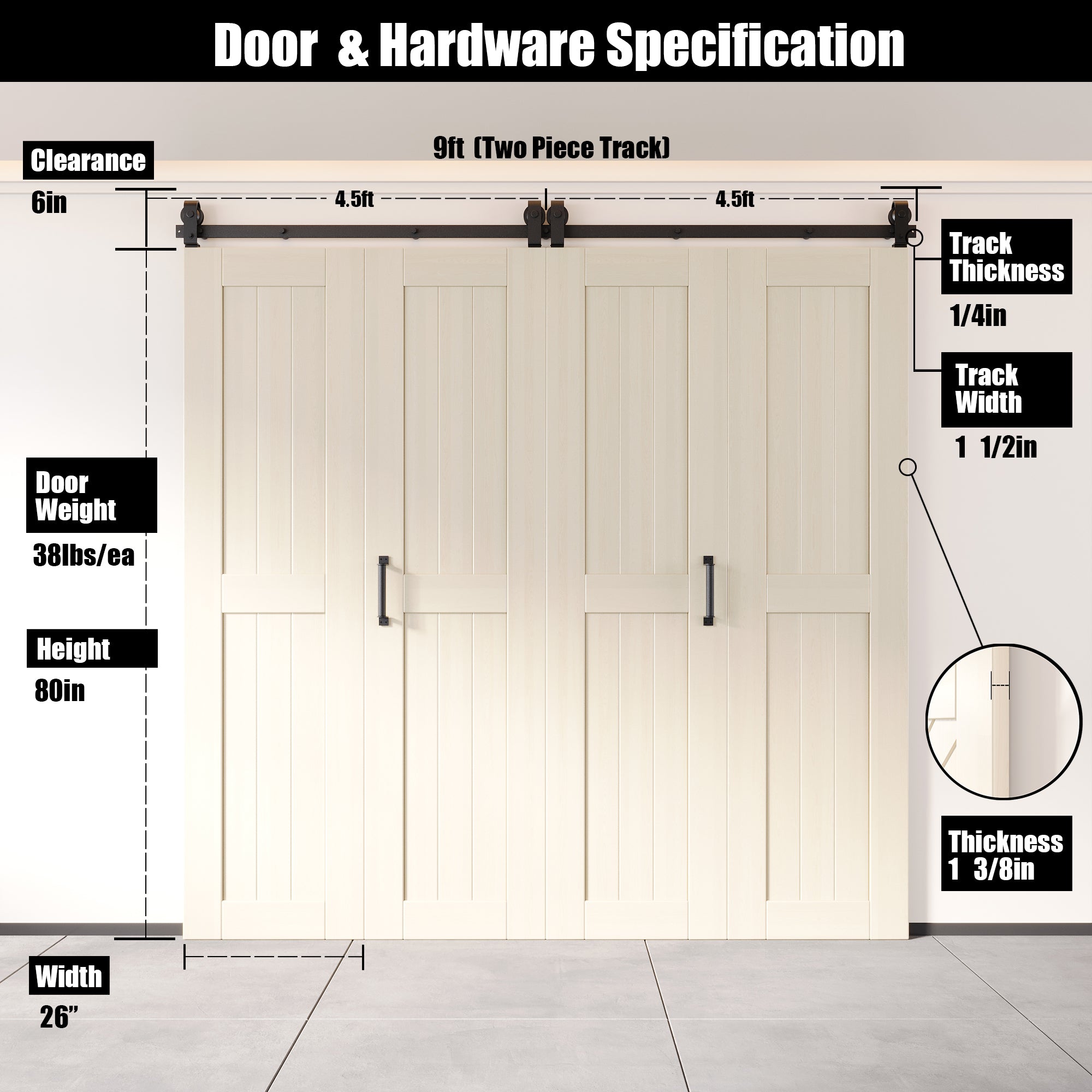 5-in-1 80in Tinsmith Gray Finished Barn Door with Bi-Fold Top Mount Hardware 4 Door Kit - T-shape Roller