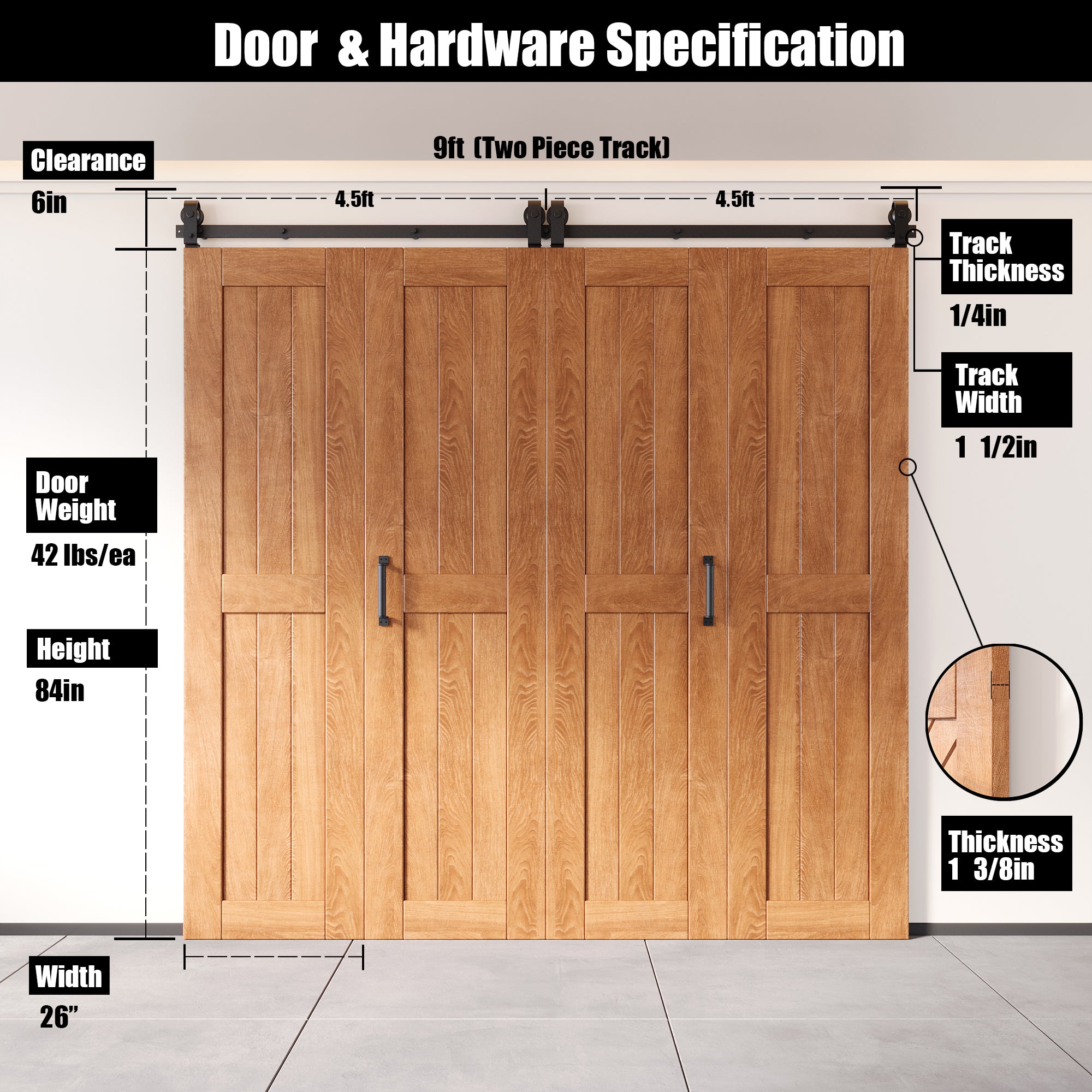 5-in-1 84in Early American Finished Barn Door with Bi-Fold Top Mount Hardware 4 Door Kit - T-shape Roller