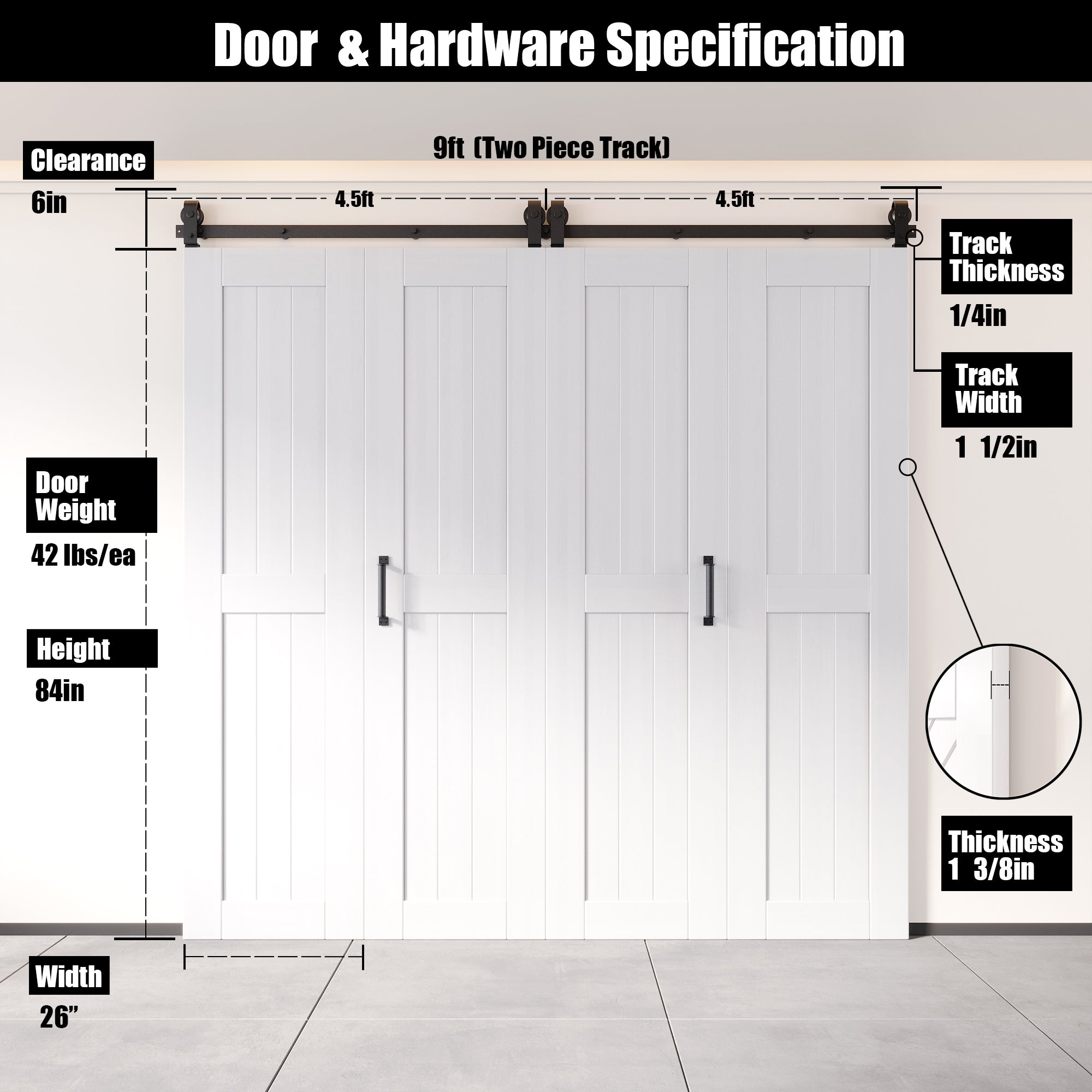 5-in-1 84in White Finished Barn Door with Bi-Fold Top Mount Hardware 4 Door Kit - T-shape Roller