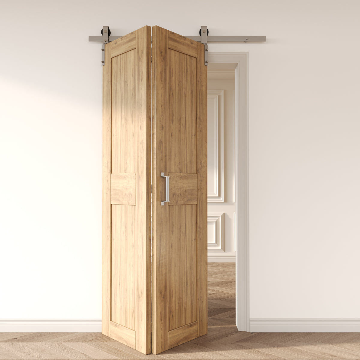 Brushed Nickel Bi-Folding Sliding Barn Door Hardware Front Mount Two Doors Kit - Classic Design Roller (Doors Not Included)