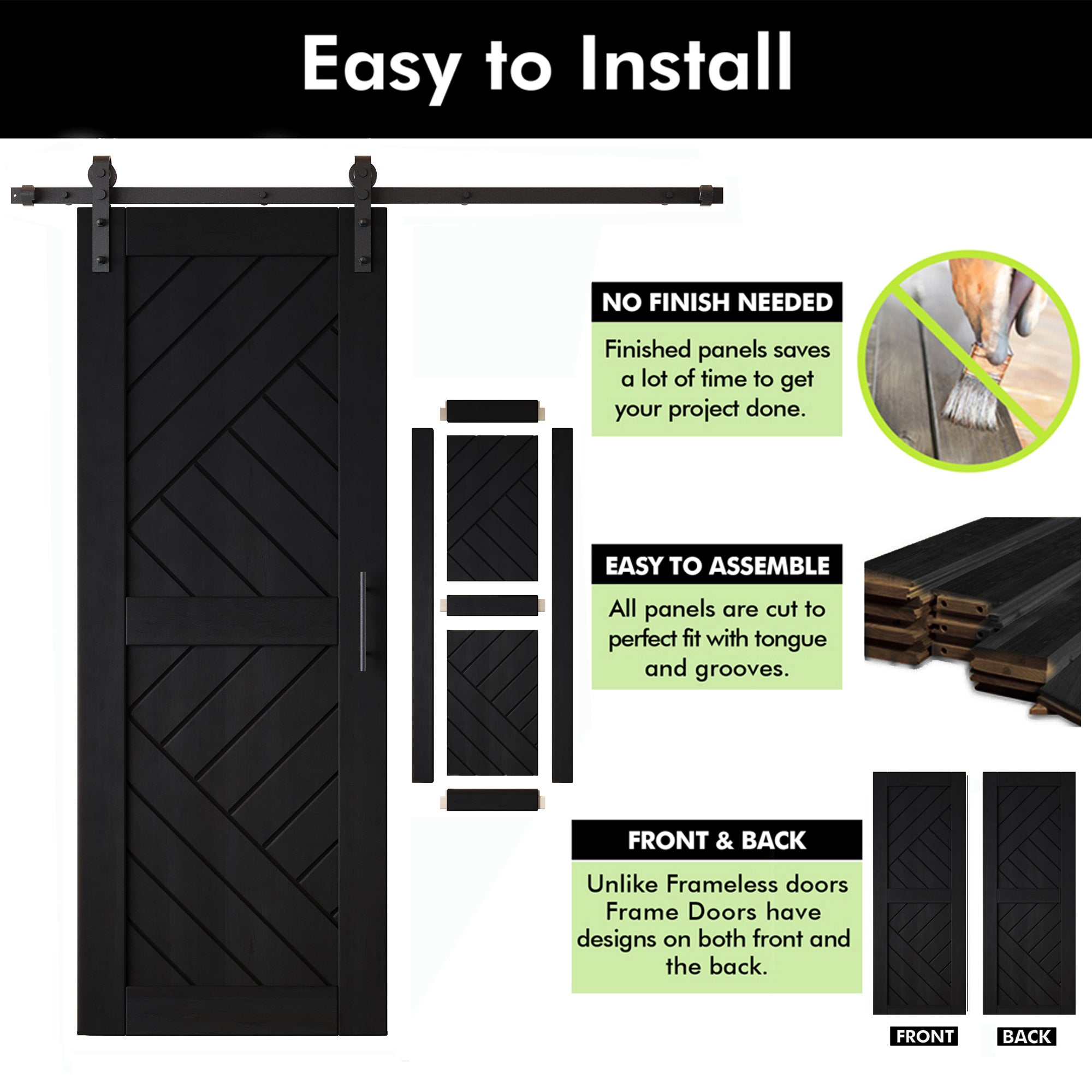 sliding barn door hardware kit, easy to install, easy to assemble, black, geometric design