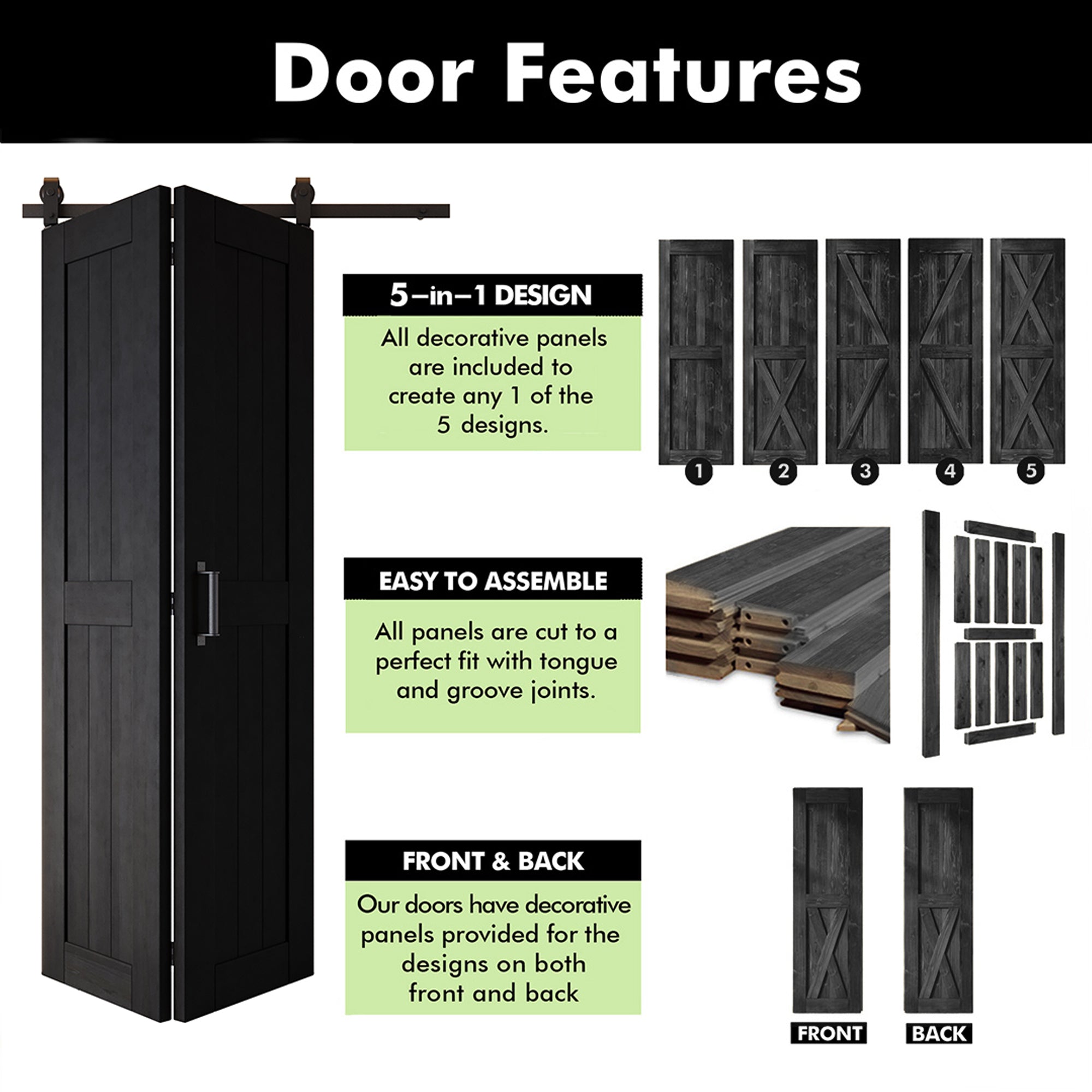 5-in-1 84in Black Finished Barn Door with Bi-Fold Top Mount Hardware Kit - T-shape Roller