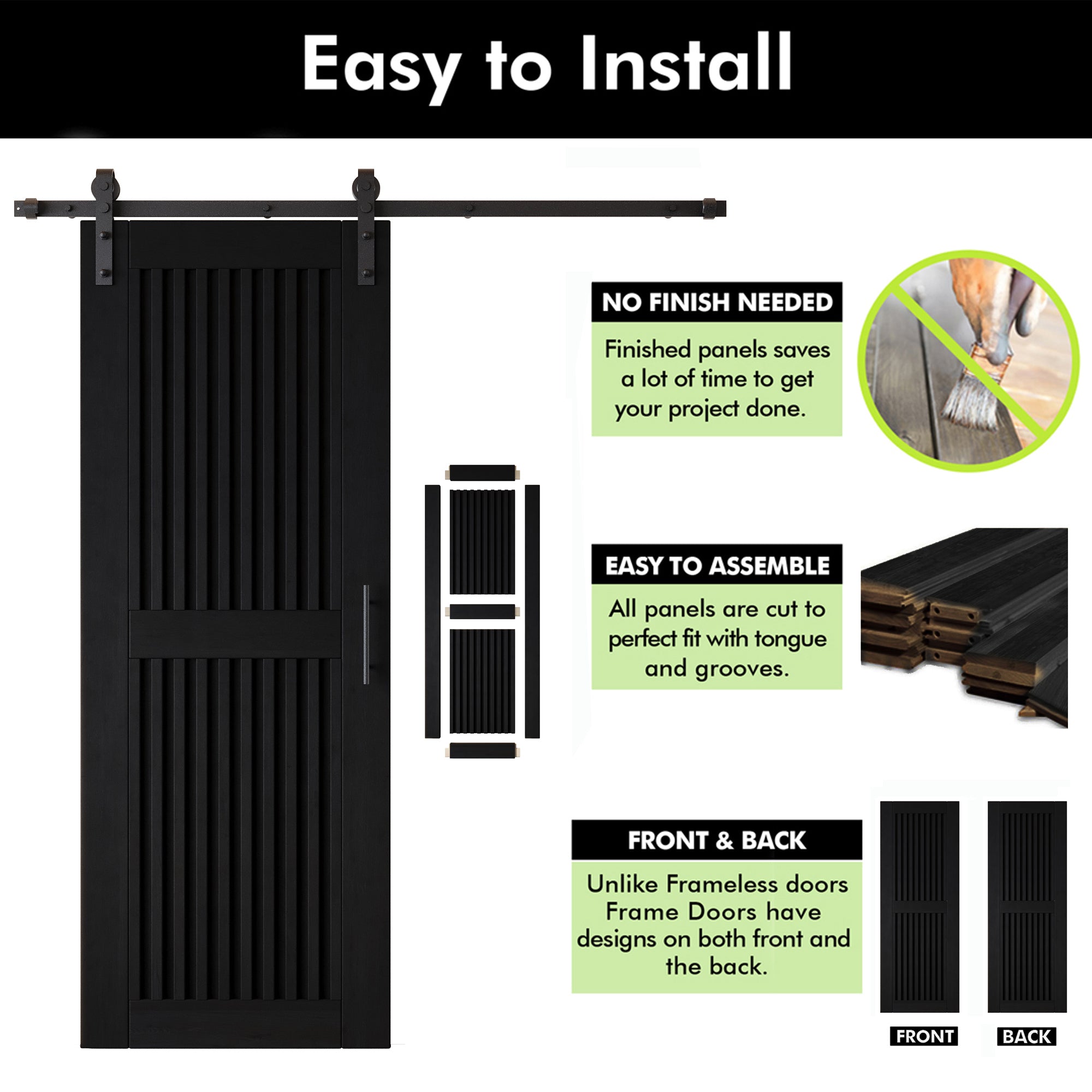 80" Height Black Vertical Stripe Design Unassembled & Finished Pine Wood Barn Door with Non-Bypass Installation Hardware Kit(Interior Use Only)