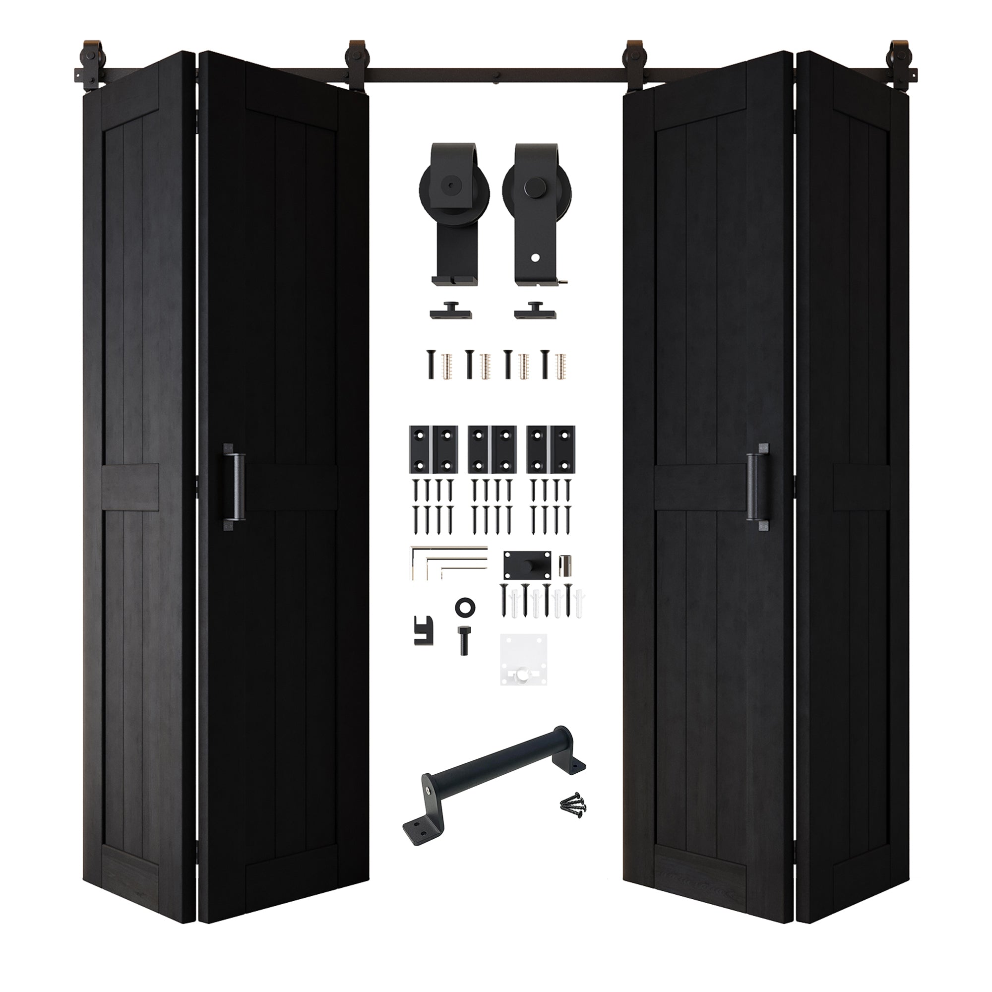 5-in-1 84in Black Finished Barn Door with Bi-Fold Top Mount Hardware 4 Door Kit - T-shape Roller