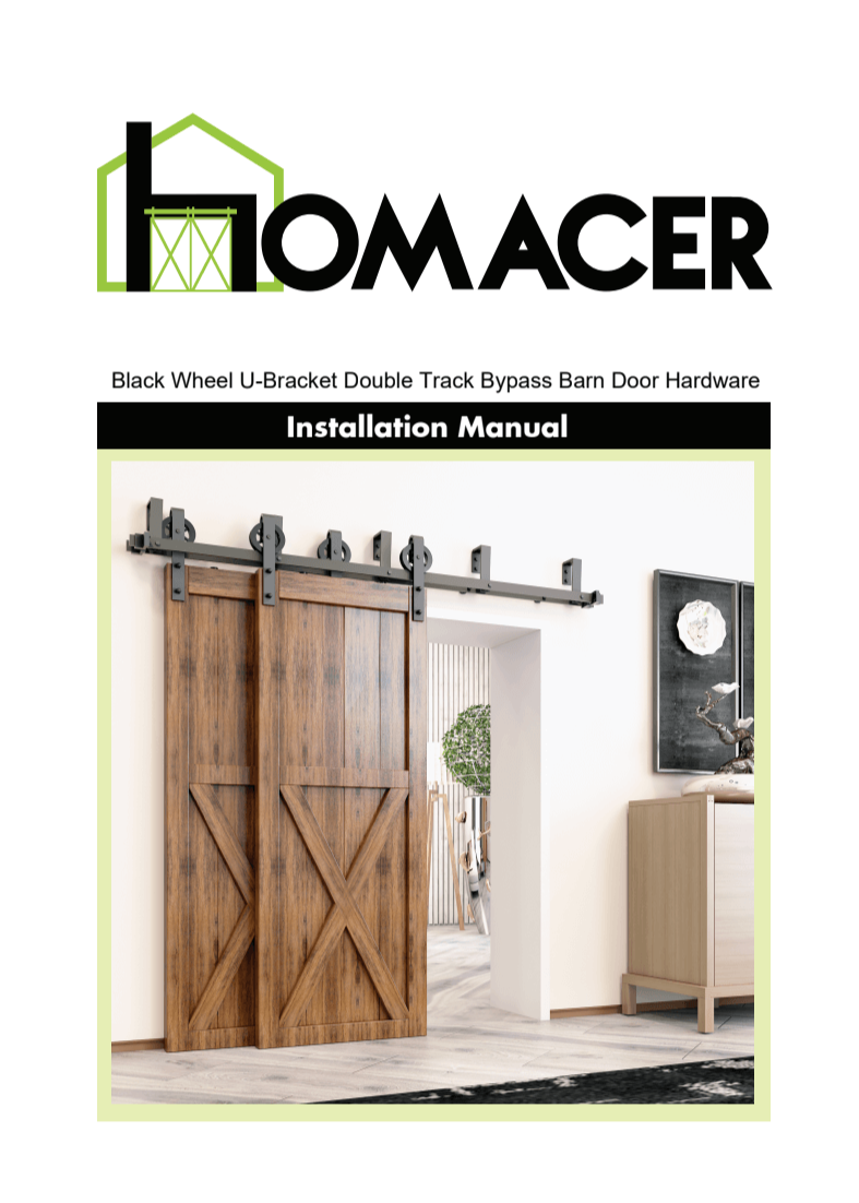 Black Wheel U-Bracket Double Track Bypass Barn door hardware kit installation manual