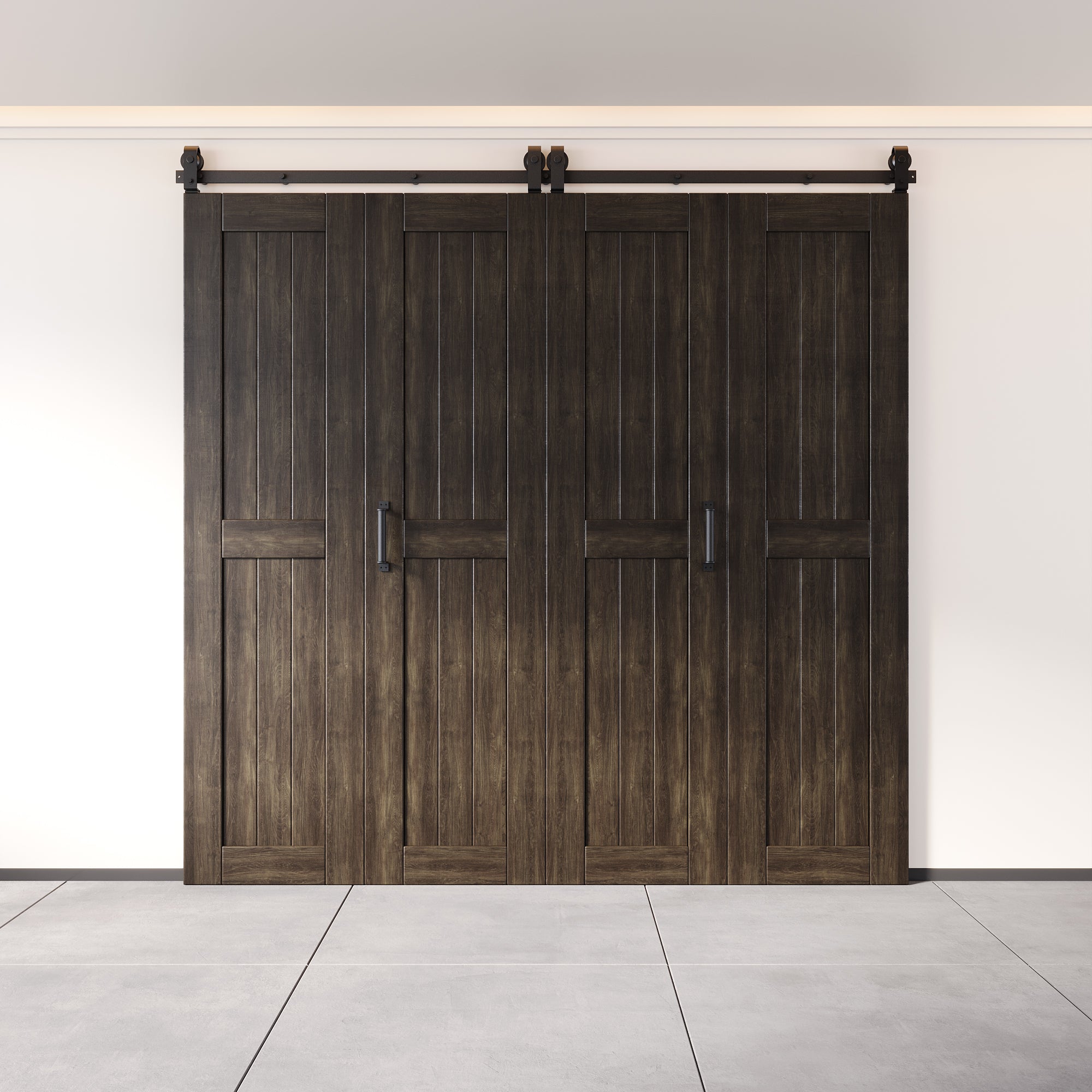 5-in-1 84in Ebony Finished Barn Door with Bi-Fold Top Mount Hardware 4 Door Kit - T-shape Roller