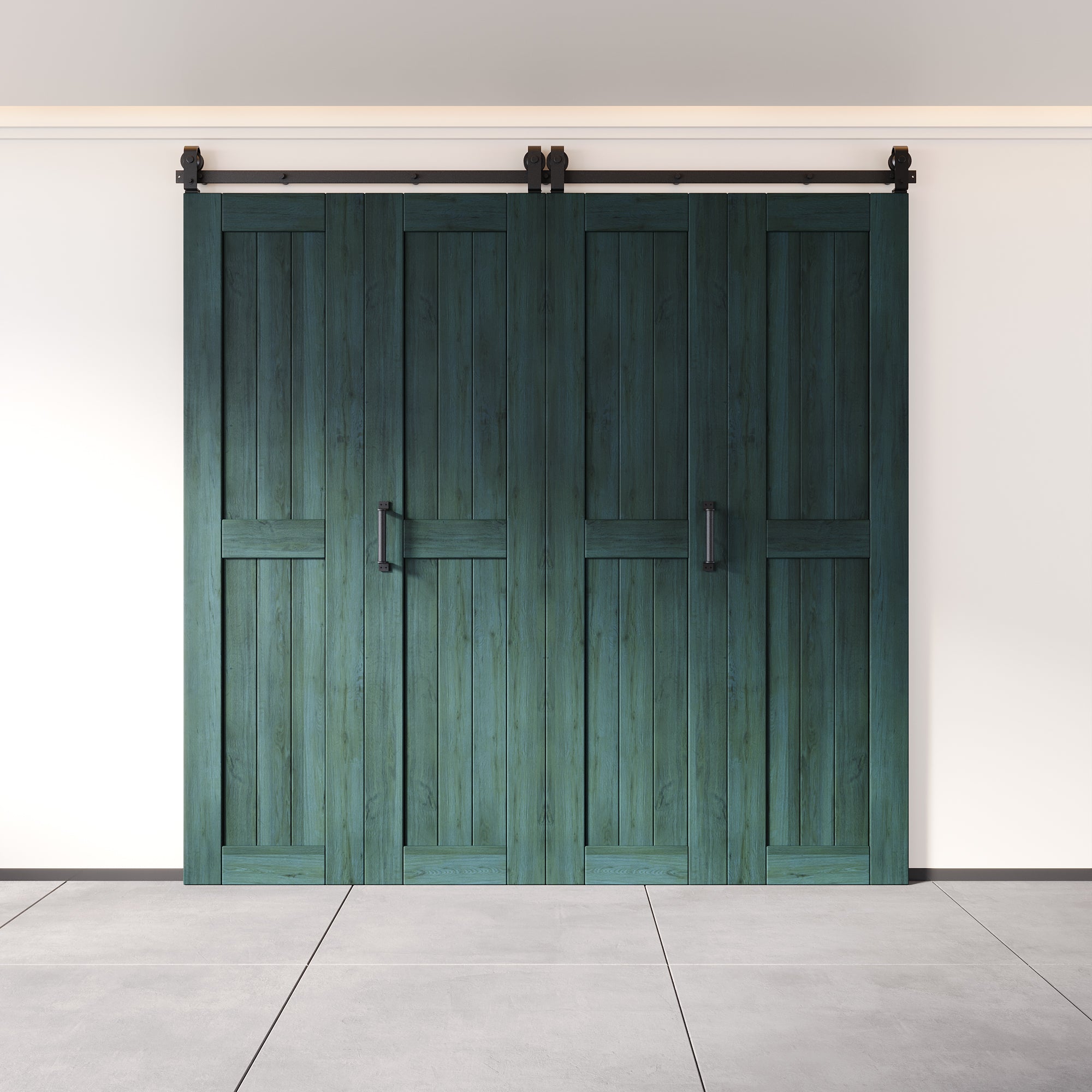 5-in-1 84in Royal Pine Finished Barn Door with Bi-Fold Top Mount Hardware 4 Door Kit - T-shape Roller