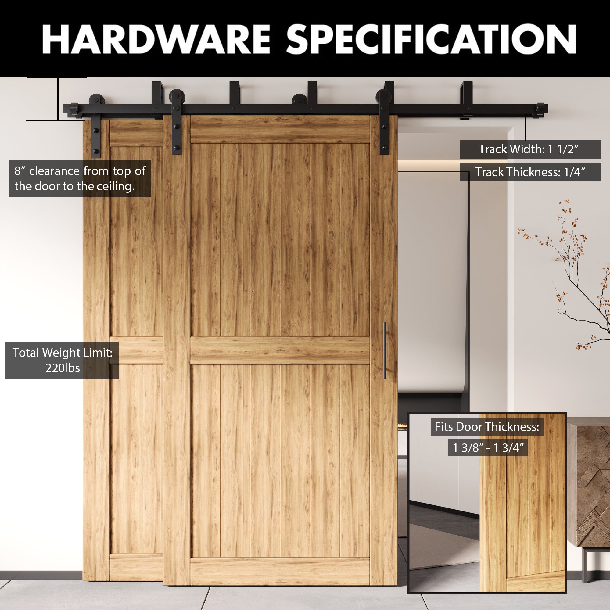 Double Track Bypass Barn Door Hardware Kit – U-Shape, Straight Roller | Homacer