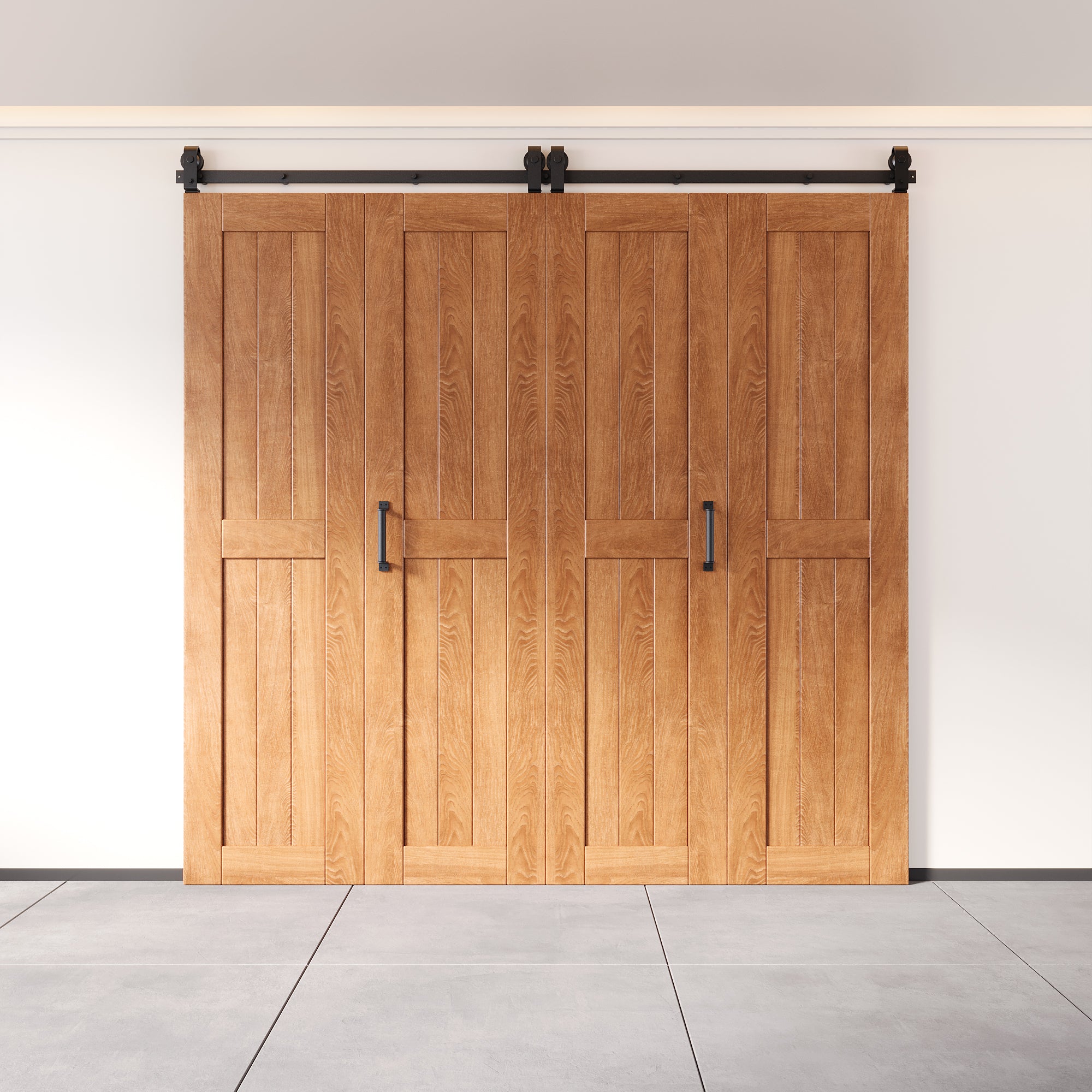 5-in-1 80in Early American Finished Barn Door with Bi-Fold Top Mount Hardware 4 Door Kit - T-shape Roller