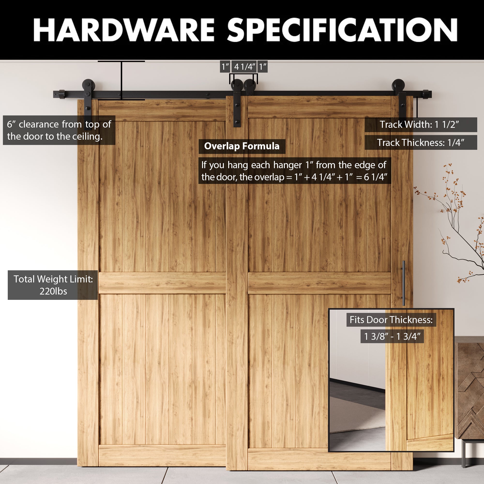Single Track Bypass Sliding Barn Door Hardware Kit - Straight Design Roller