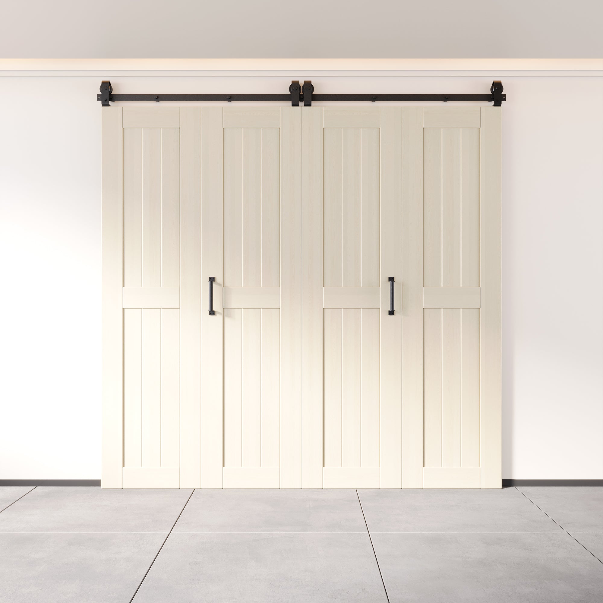5-in-1 84in Tinsmith Gray Finished Barn Door with Bi-Fold Top Mount Hardware 4 Door Kit - T-shape Roller