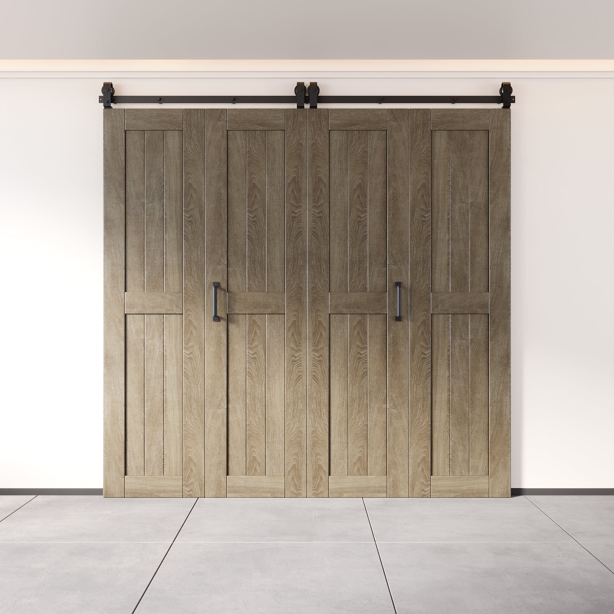 5-in-1 80in Classic Gray Finished Barn Door with Bi-Fold Top Mount Hardware 4 Door Kit - T-shape Roller