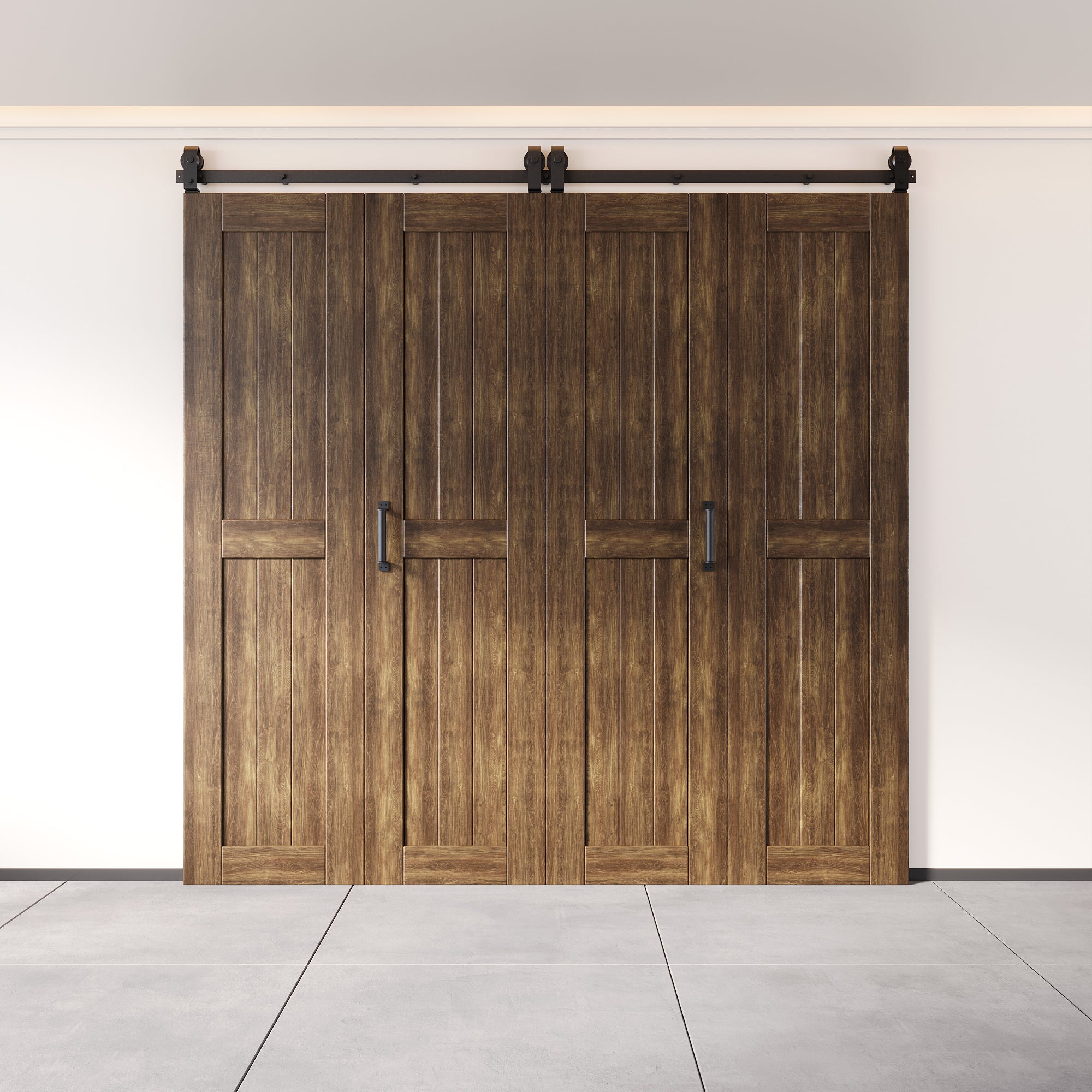 5-in-1 80in Dark Walnut Finished Barn Door with Bi-Fold Top Mount Hardware 4 Door Kit - T-shape Roller