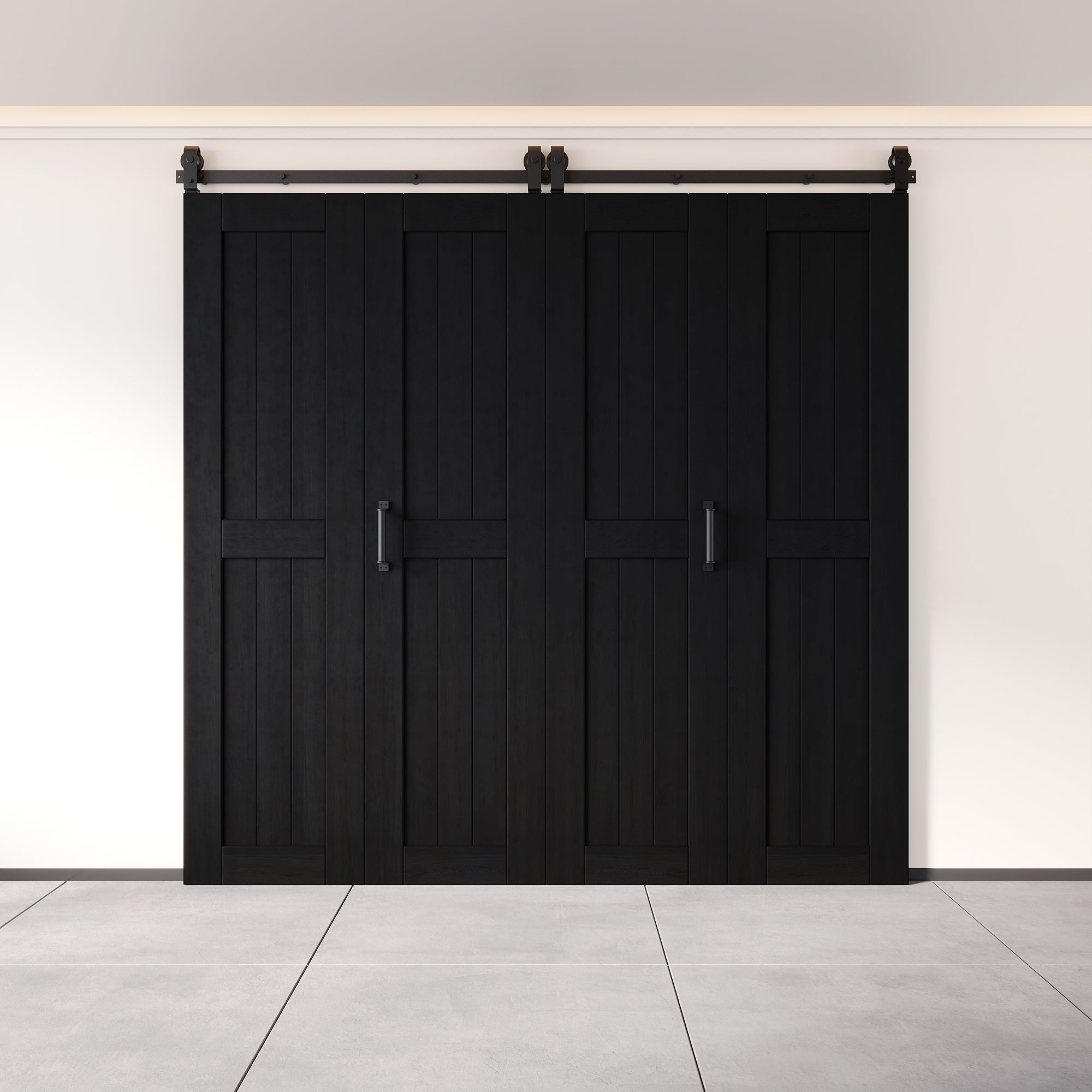 5-in-1 80in Black Finished Barn Door with Bi-Fold Top Mount Hardware 4 Door Kit - T-shape Roller
