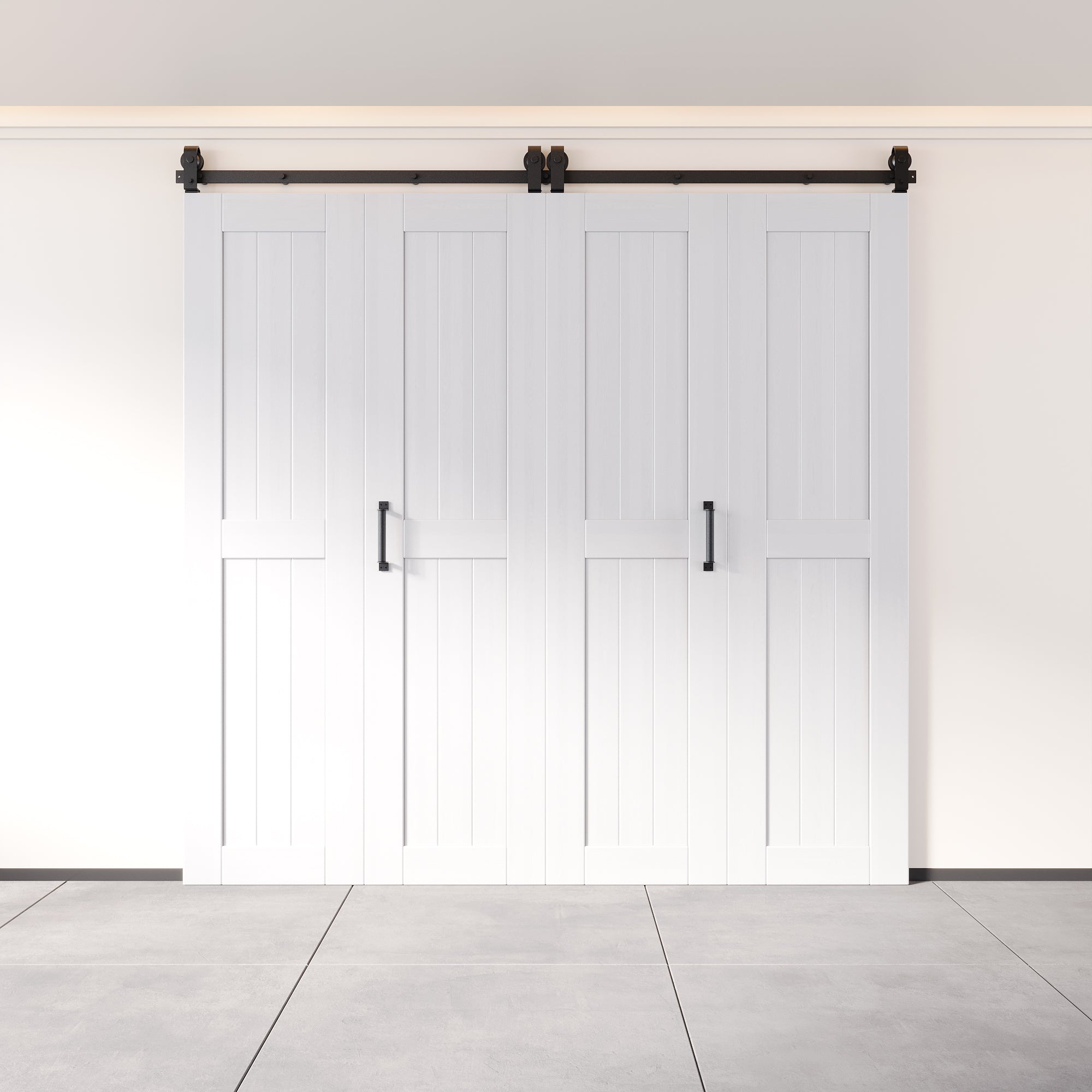 5-in-1 80in White Finished Barn Door with Bi-Fold Top Mount Hardware 4 Door Kit - T-shape Roller