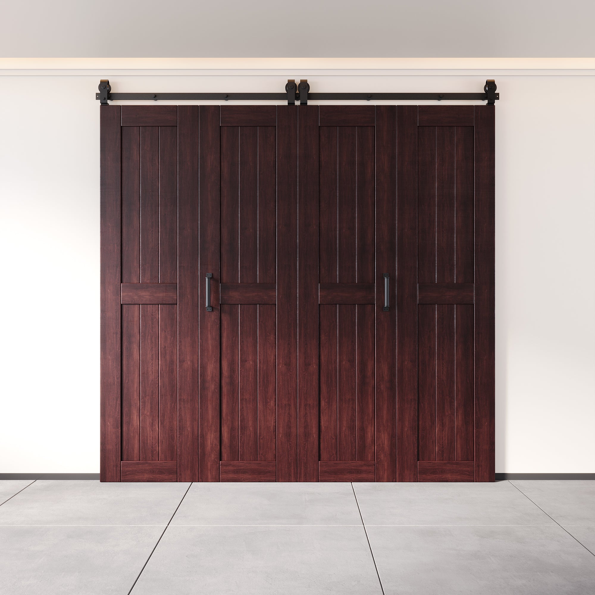 5-in-1 84in Red Mahogany Finished Barn Door with Bi-Fold Top Mount Hardware 4 Door Kit - T-shape Roller