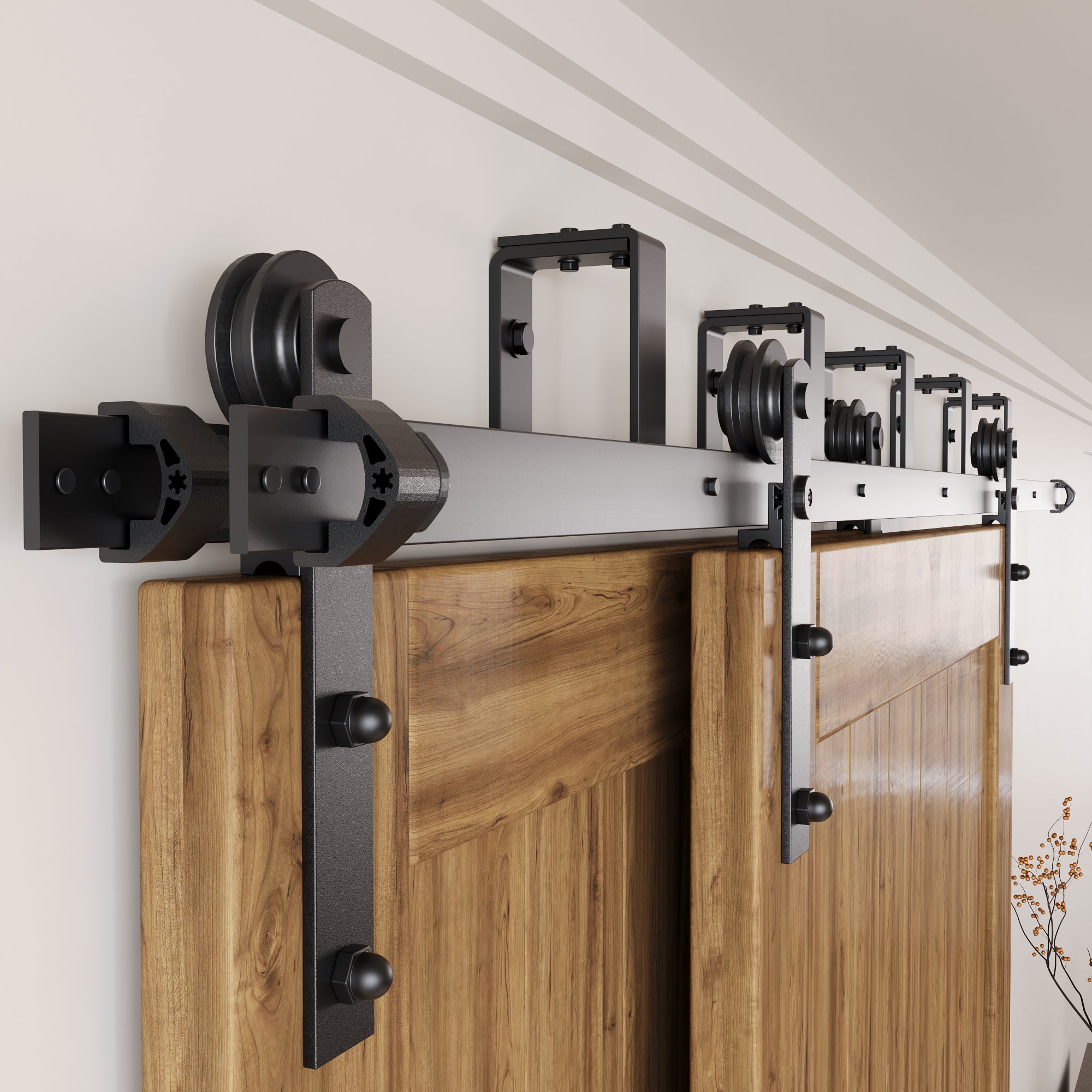 Double Track Bypass Barn Door Hardware Kit – U-Shape, Straight Roller | Homacer