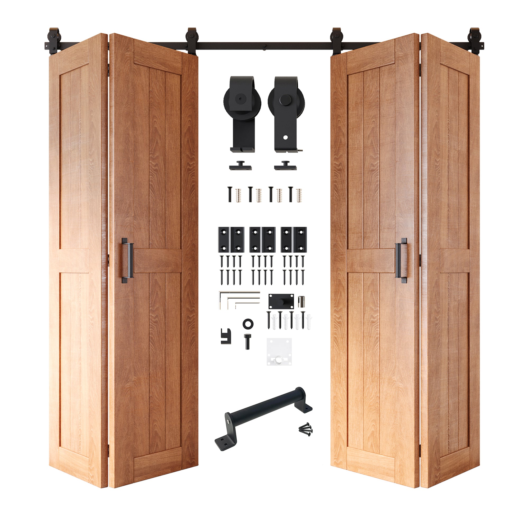 5-in-1 80in Early American Finished Barn Door with Bi-Fold Top Mount Hardware 4 Door Kit - T-shape Roller