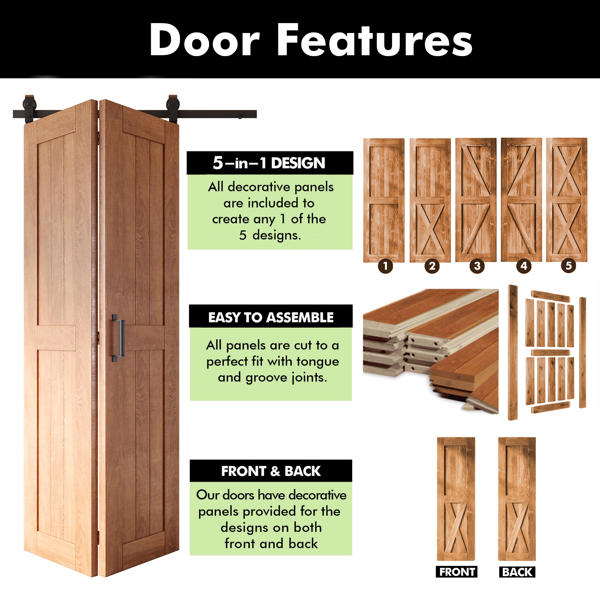 5-in-1 80in Early American Finished Barn Door with Bi-Fold Top Mount Hardware Kit - T-shape Roller