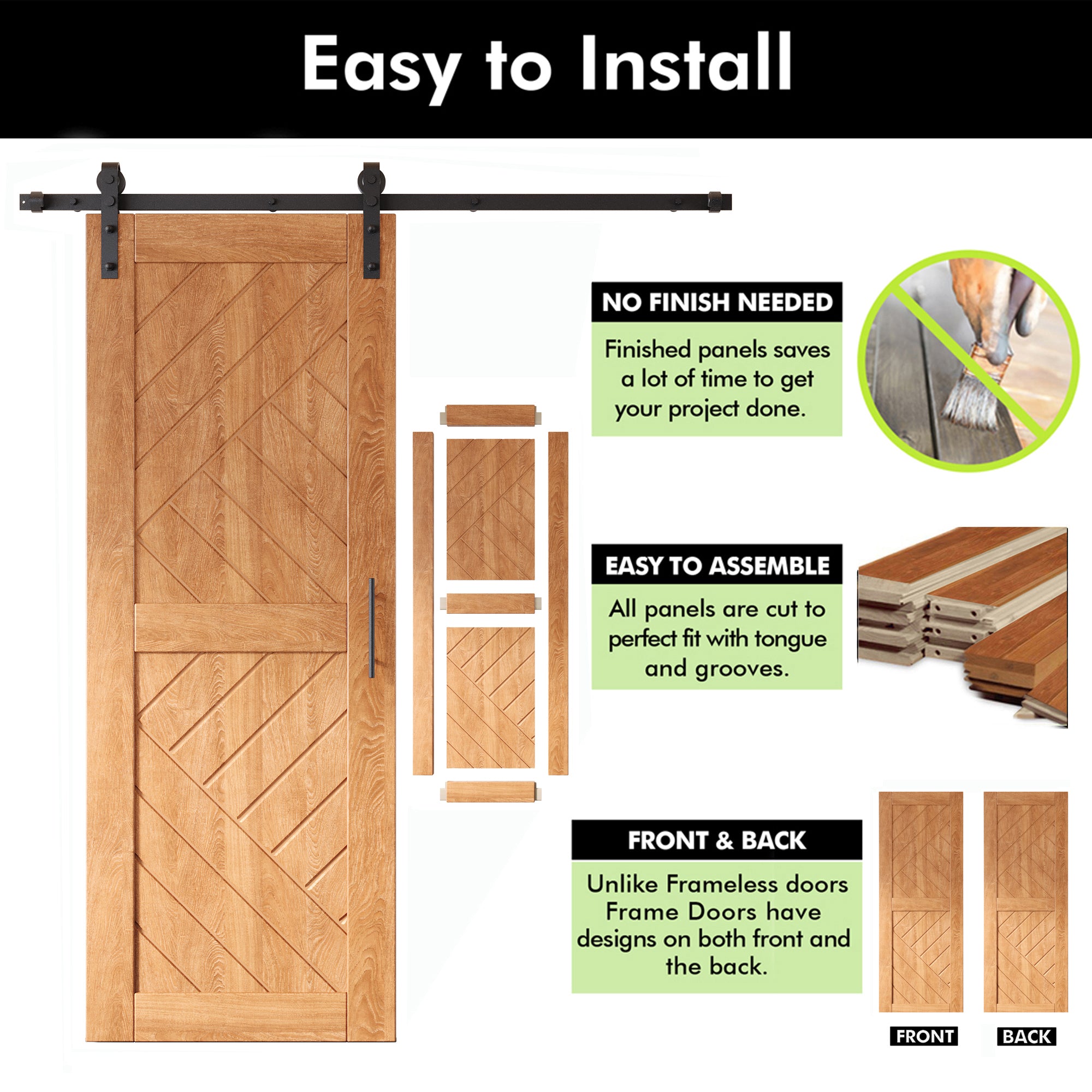 early american finish barn door modern geometric design, double barn doors, single track non bypass hardware kit, easy to install and assemble
