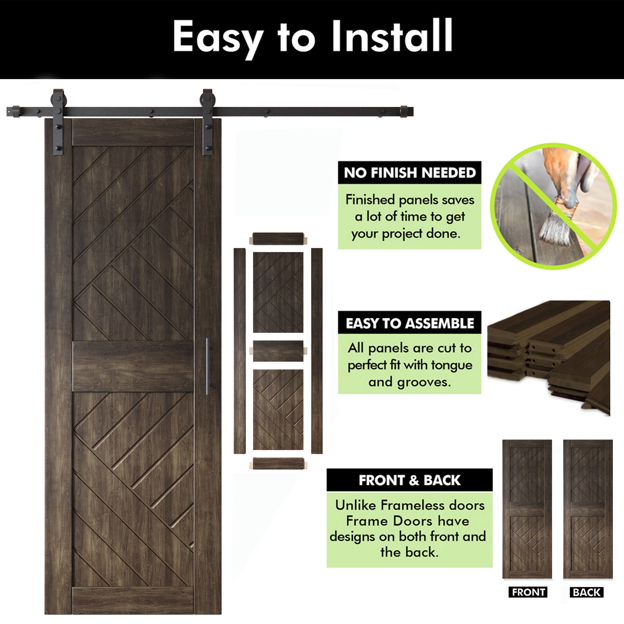 84" Height Ebony Geometric Design Unassembled & Finished Pine Wood Barn Door with Non-Bypass Installation Hardware Kit(Interior Use Only)