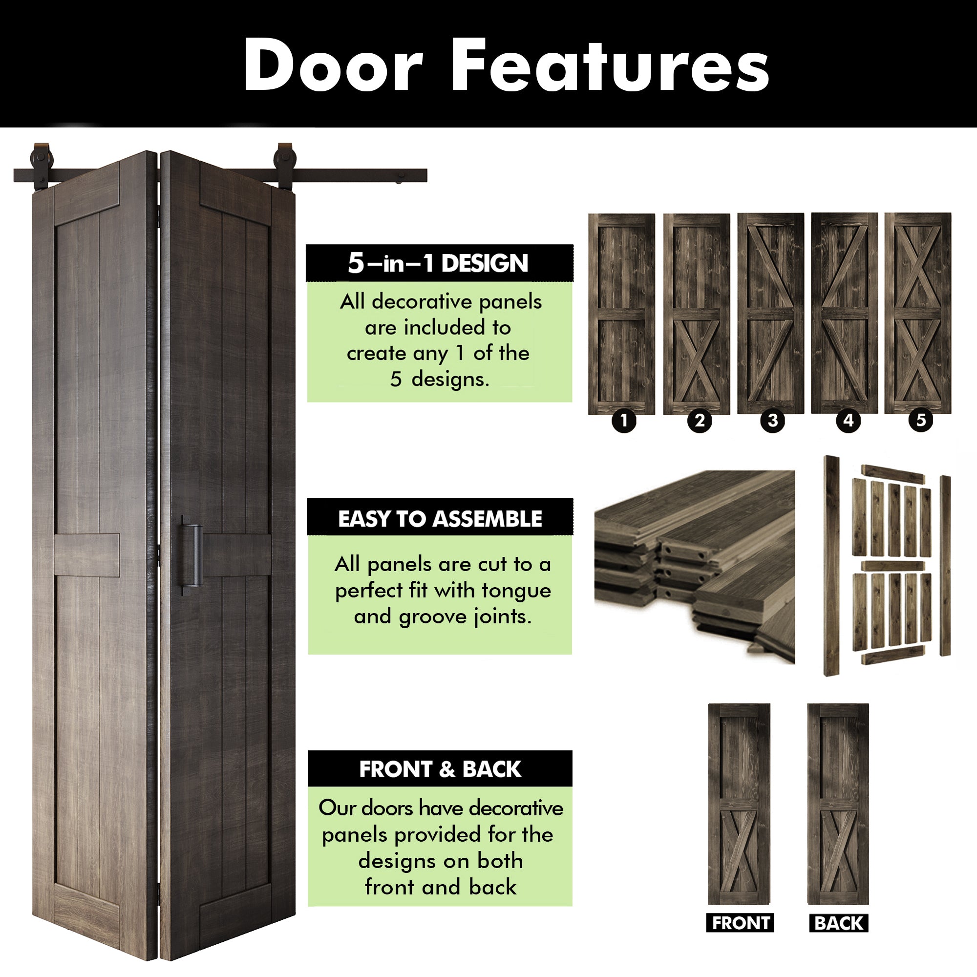 5-in-1 80in Ebony Finished Barn Door with Bi-Fold Top Mount Hardware Kit - T-shape Roller