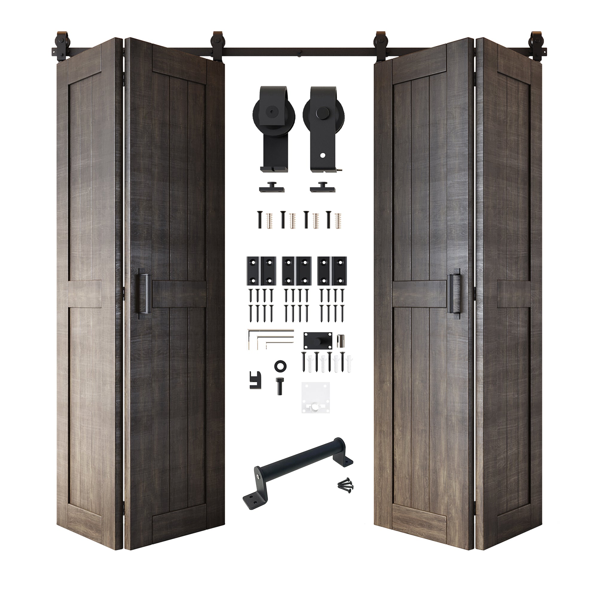5-in-1 80in Ebony Finished Barn Door with Bi-Fold Top Mount Hardware 4 Door Kit - T-shape Roller