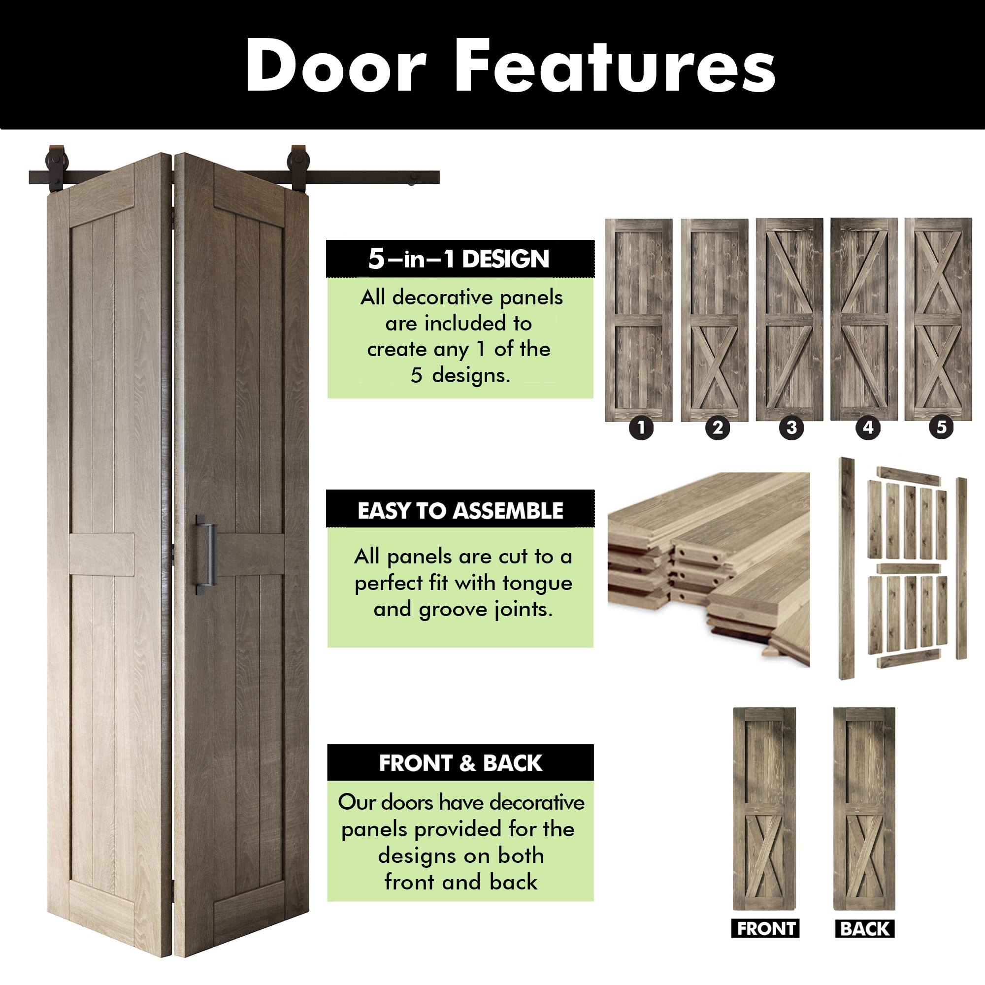 5-in-1 84in Classic Gray Finished Barn Door with Bi-Fold Top Mount Hardware Kit - T-shape Roller