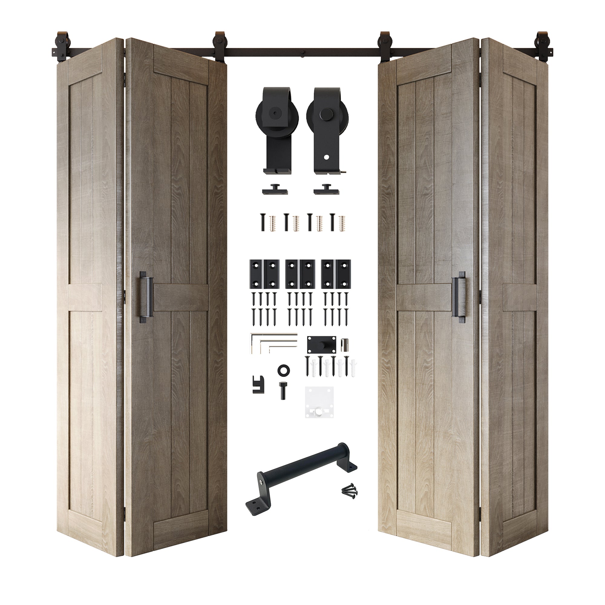 5-in-1 84in Classic Gray Finished Barn Door with Bi-Fold Top Mount Hardware 4 Door Kit - T-shape Roller