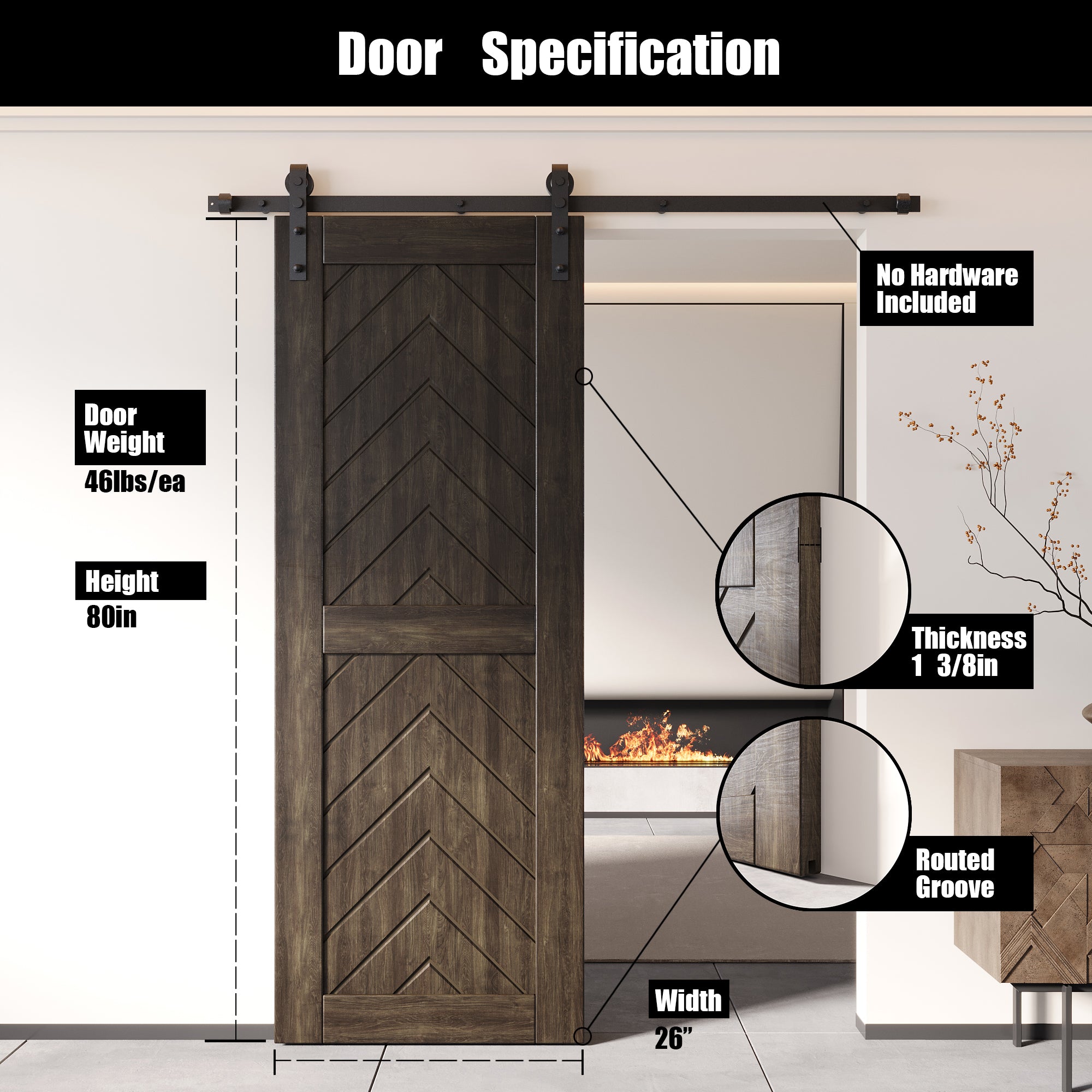 80" Height Ebony Fishbone Design Unassembled & Finished Pine Wood Barn Door (Interior Use Only)