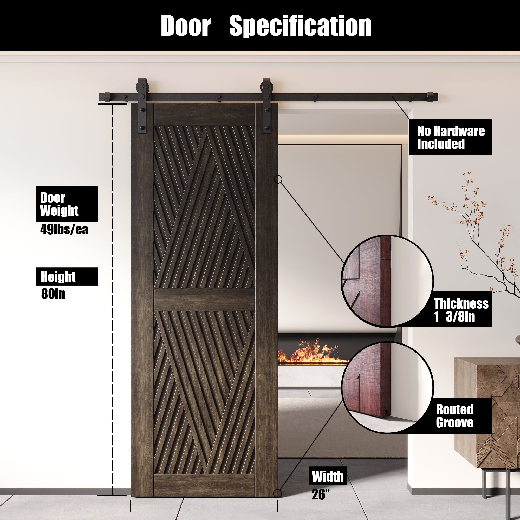80" Height Ebony Diamond Design Unassembled & Finished Pine Wood Barn Door (Interior Use Only)